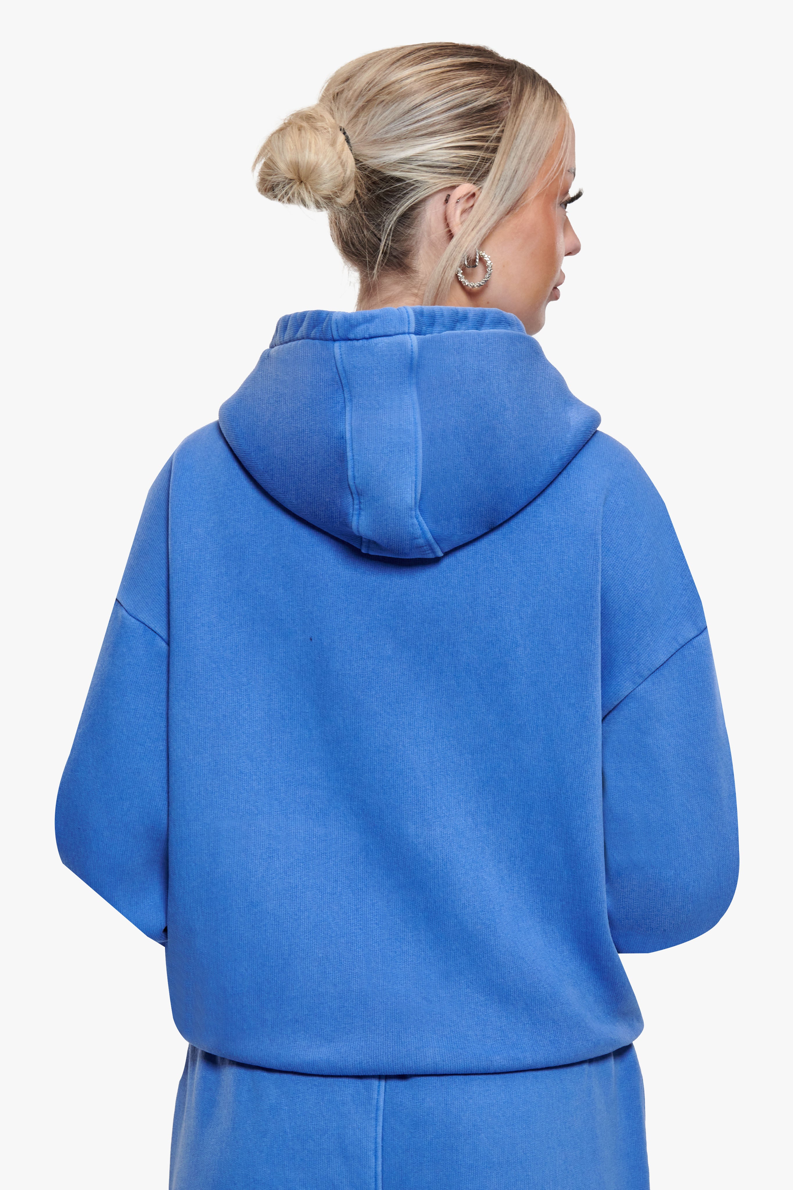 WOMEN CONTRAST EMBO ZIP HOODIE WASHED BLUE
