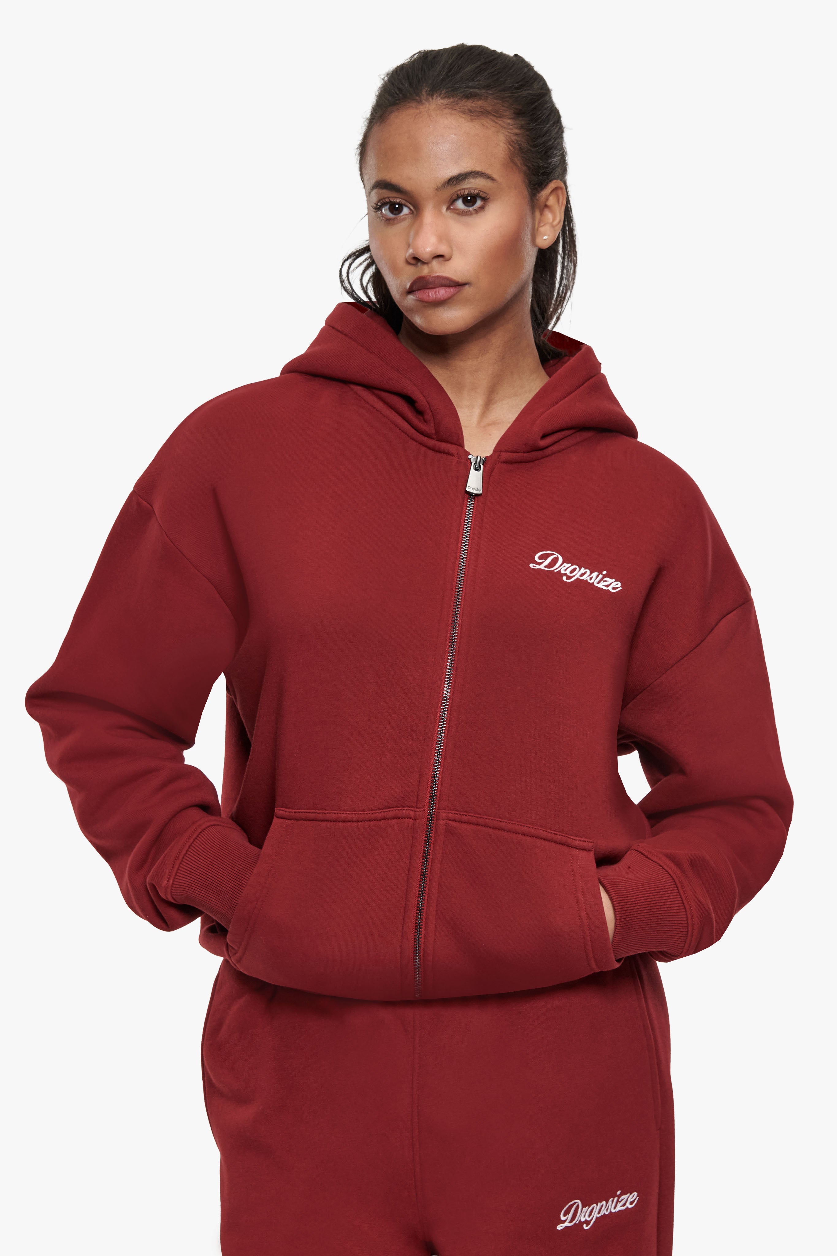WOMEN CONTRAST EMBO ZIP HOODIE CRANBERRY