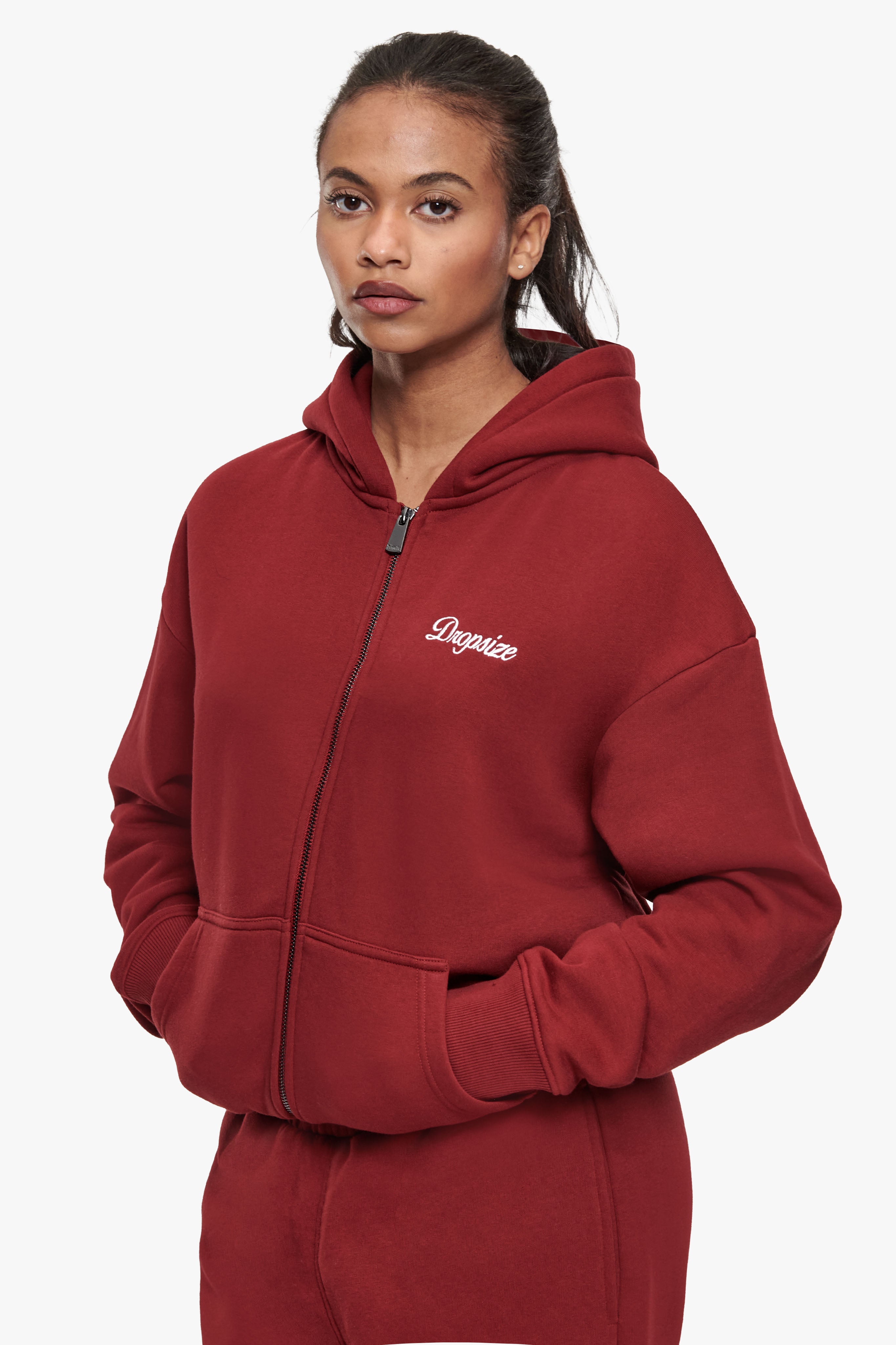WOMEN CONTRAST EMBO ZIP HOODIE CRANBERRY