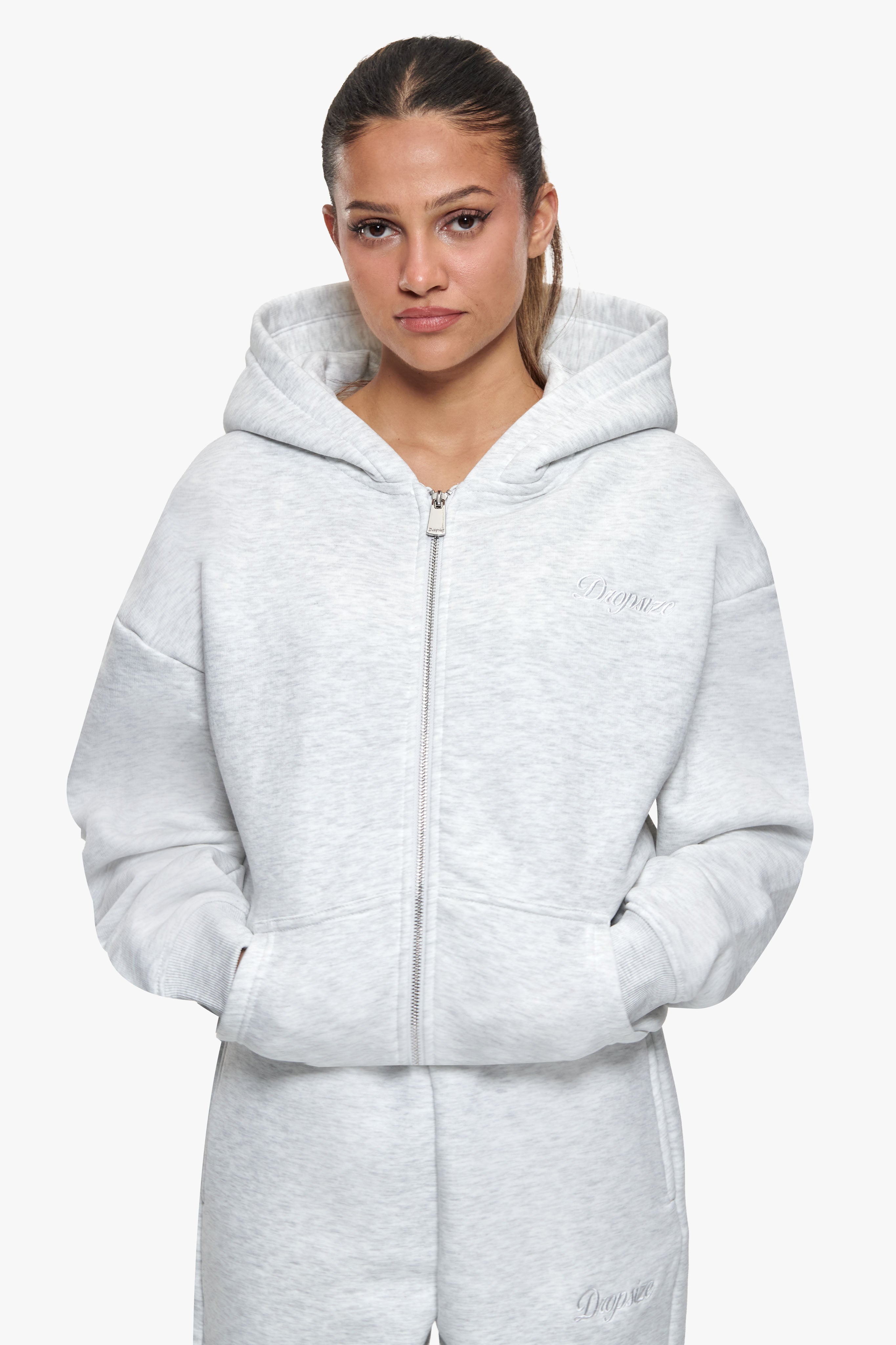 WOMEN CONTRAST EMBO ZIP HOODIE GREY MELANGE