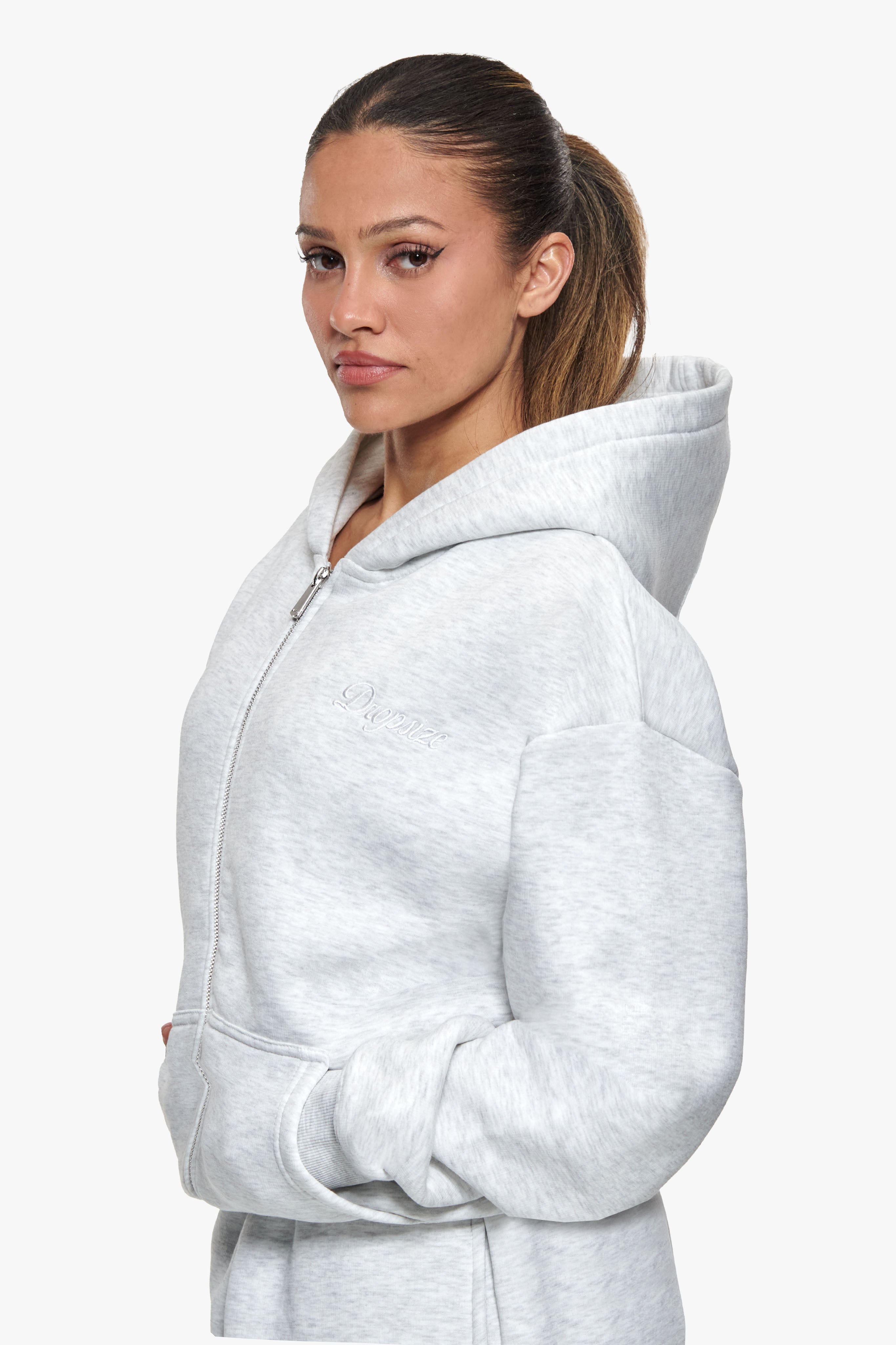 WOMEN CONTRAST EMBO ZIP HOODIE GREY MELANGE