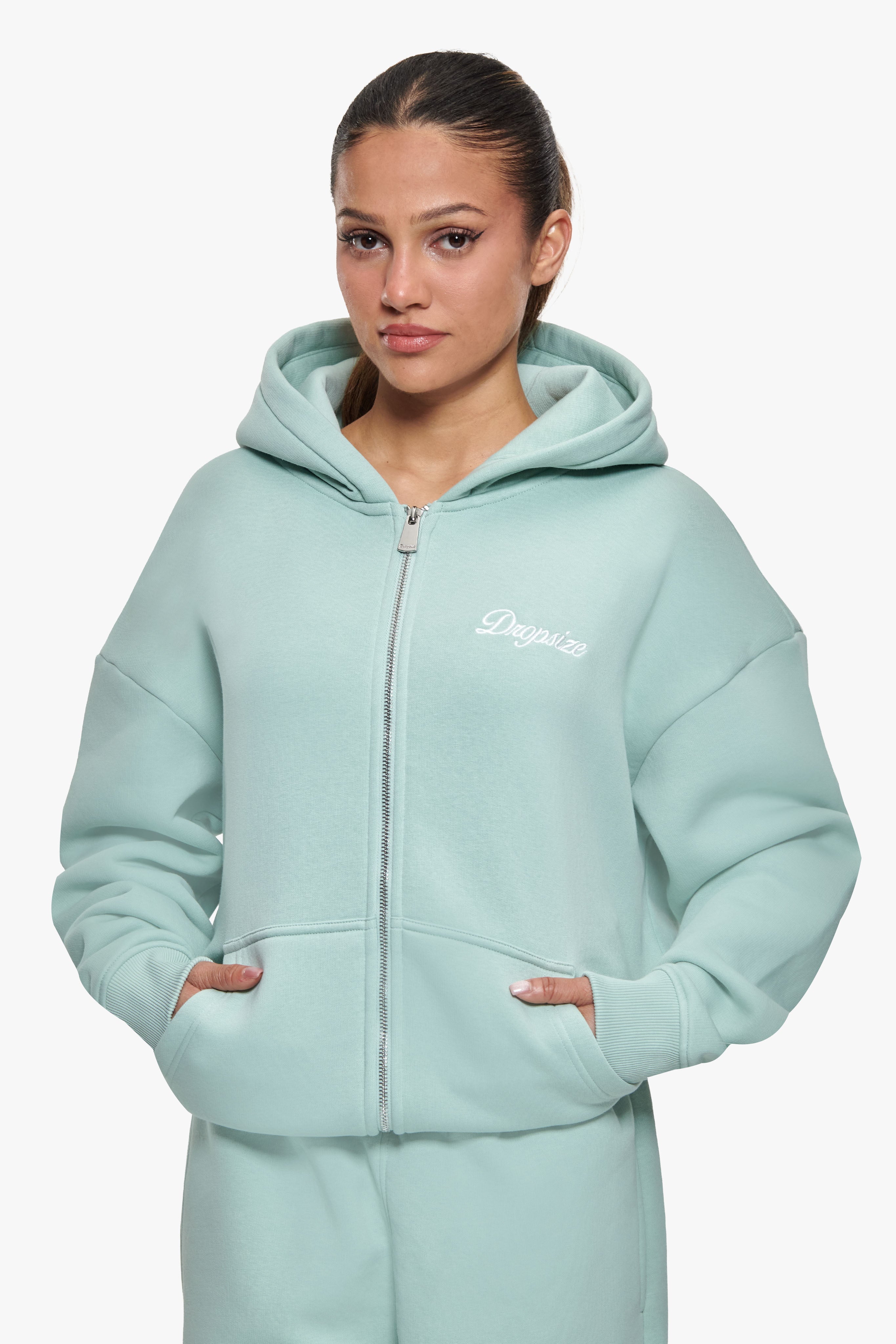 WOMEN CONTRAST EMBO ZIP HOODIE HARBOR GREY