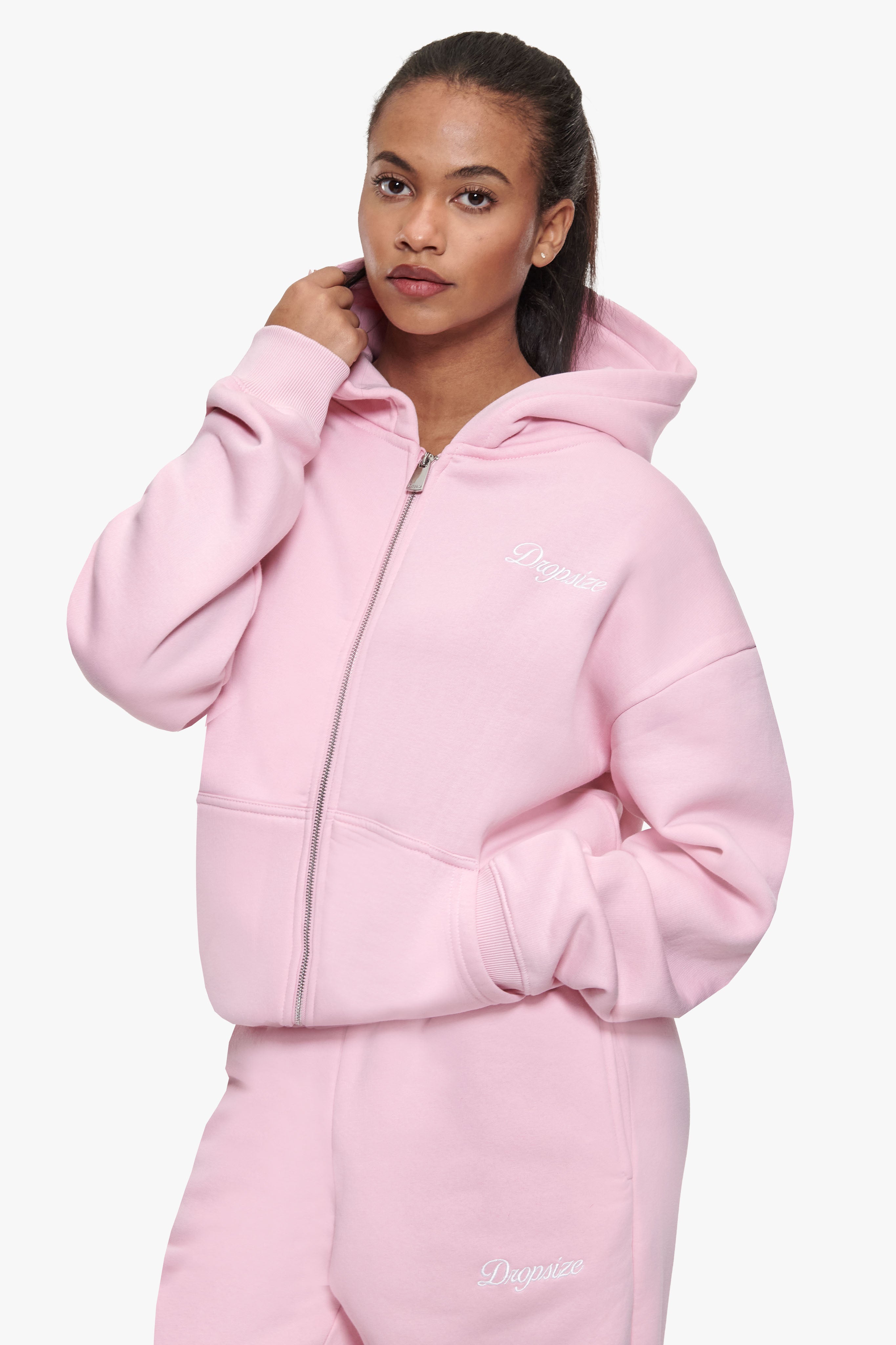 WOMEN CONTRAST EMBO ZIP HOODIE LIGHT PINK