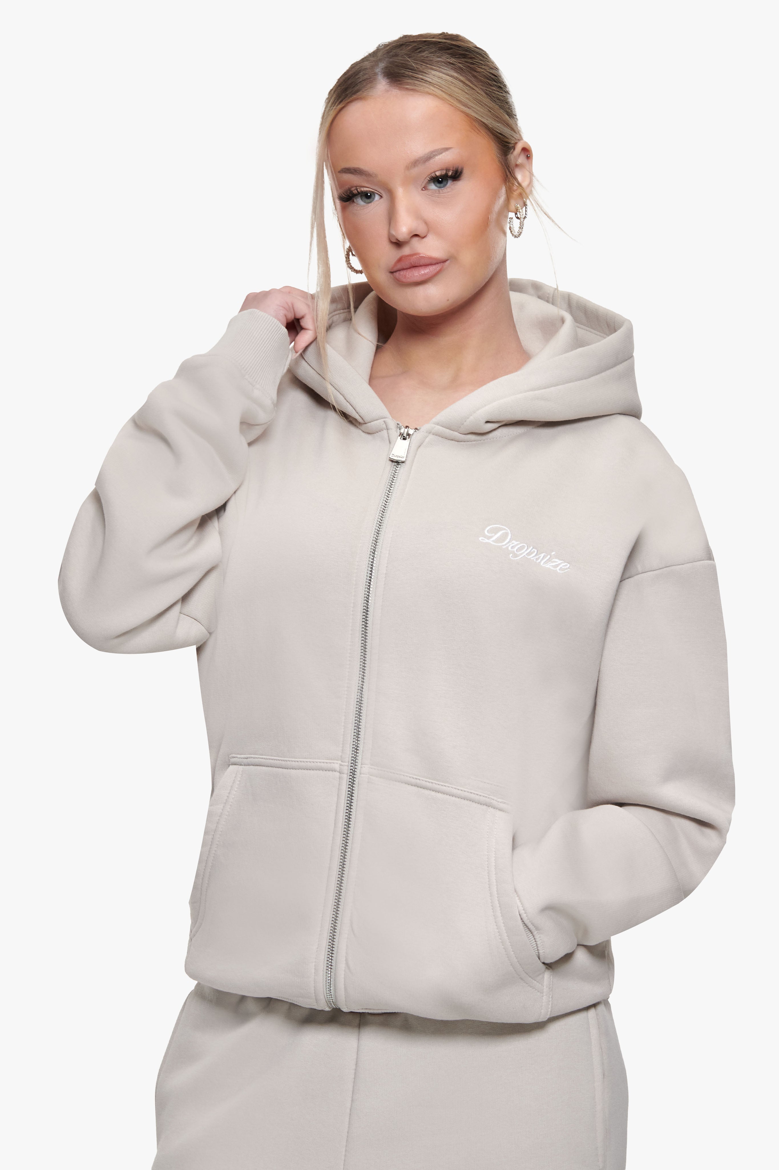 WOMEN CONTRAST EMBO ZIP HOODIE MOONBEAM