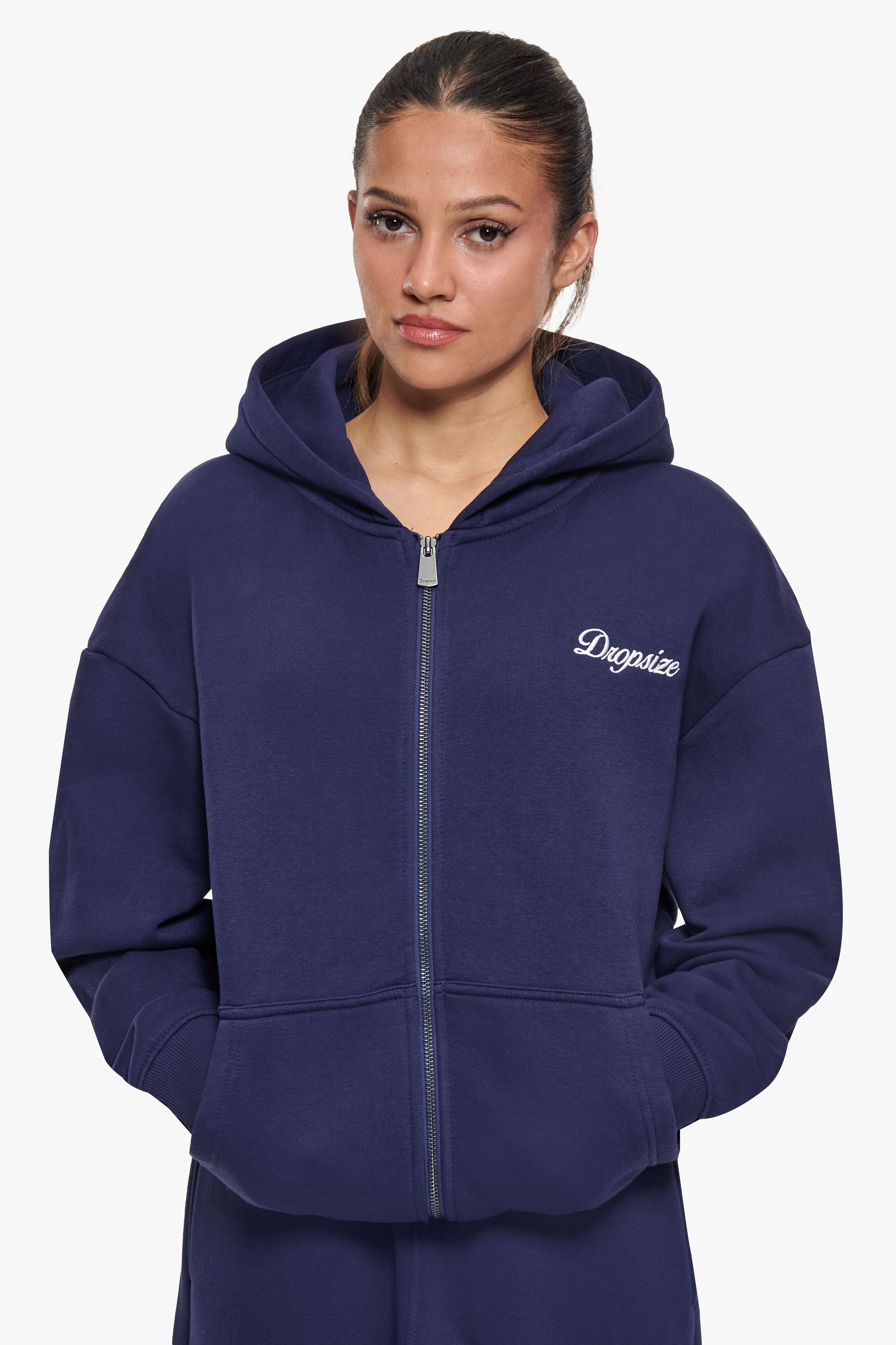 WOMEN CONTRAST EMBO ZIP HOODIE NAVY