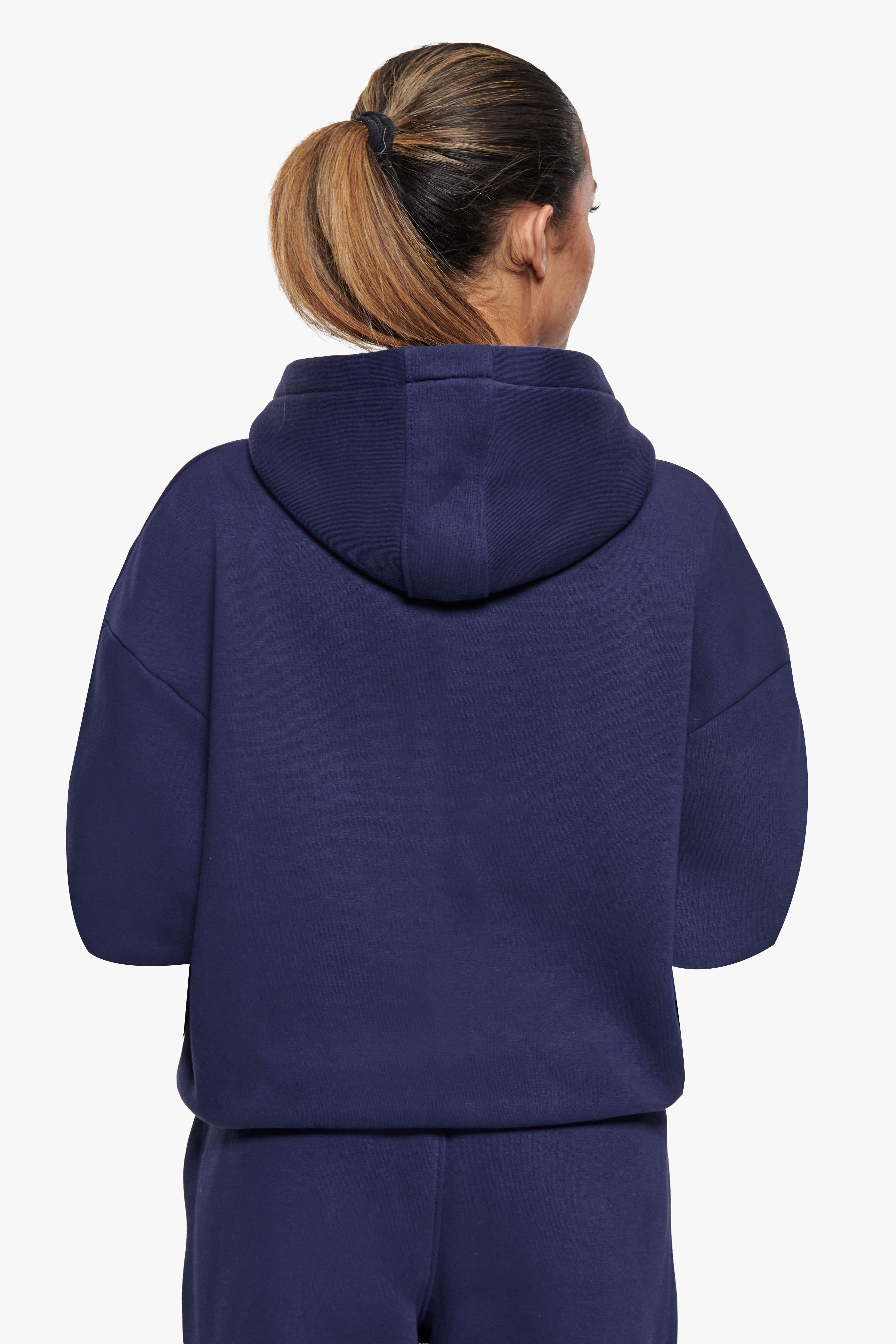 WOMEN CONTRAST EMBO ZIP HOODIE NAVY