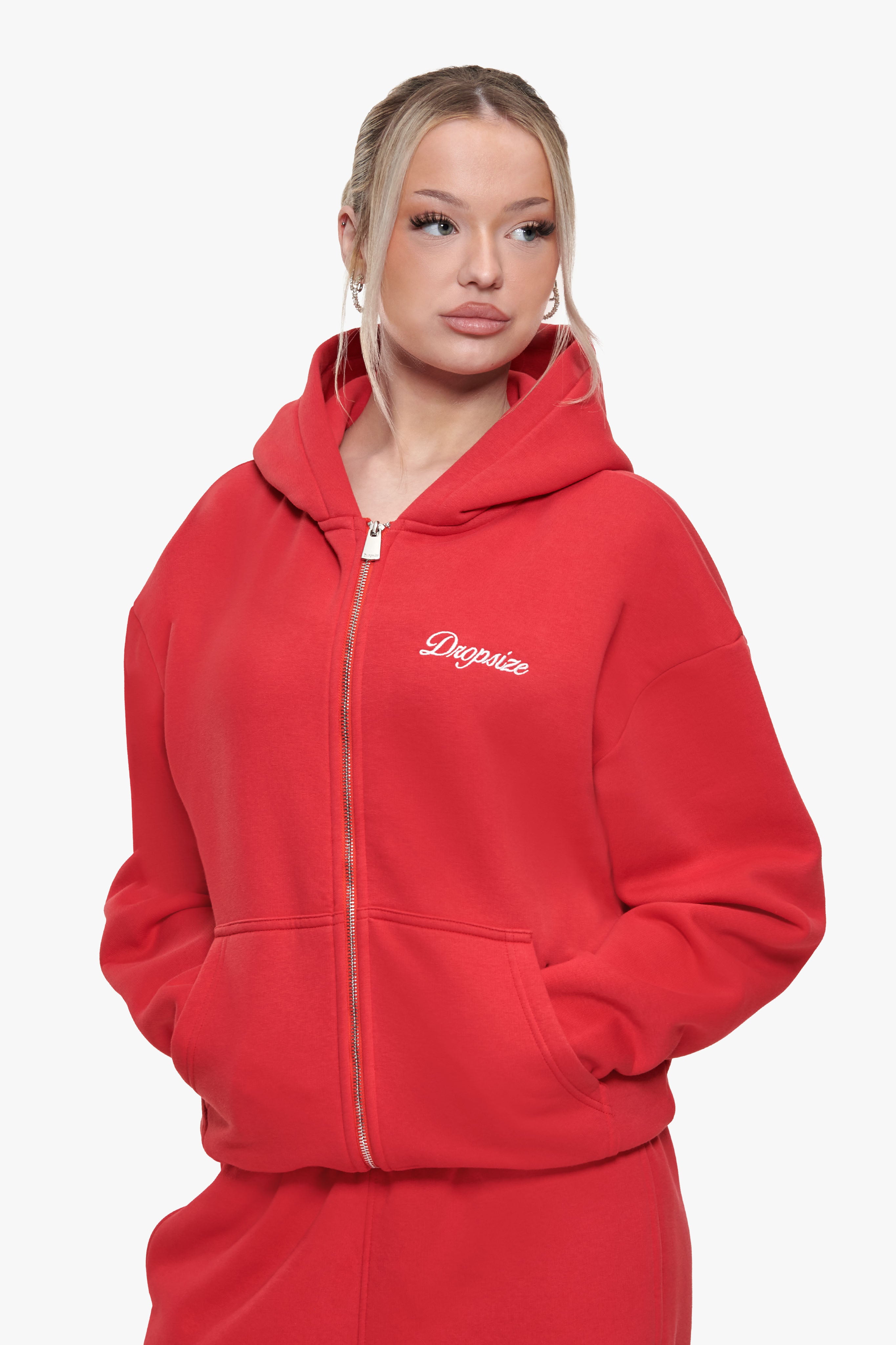 WOMEN CONTRAST EMBO ZIP HOODIE RED