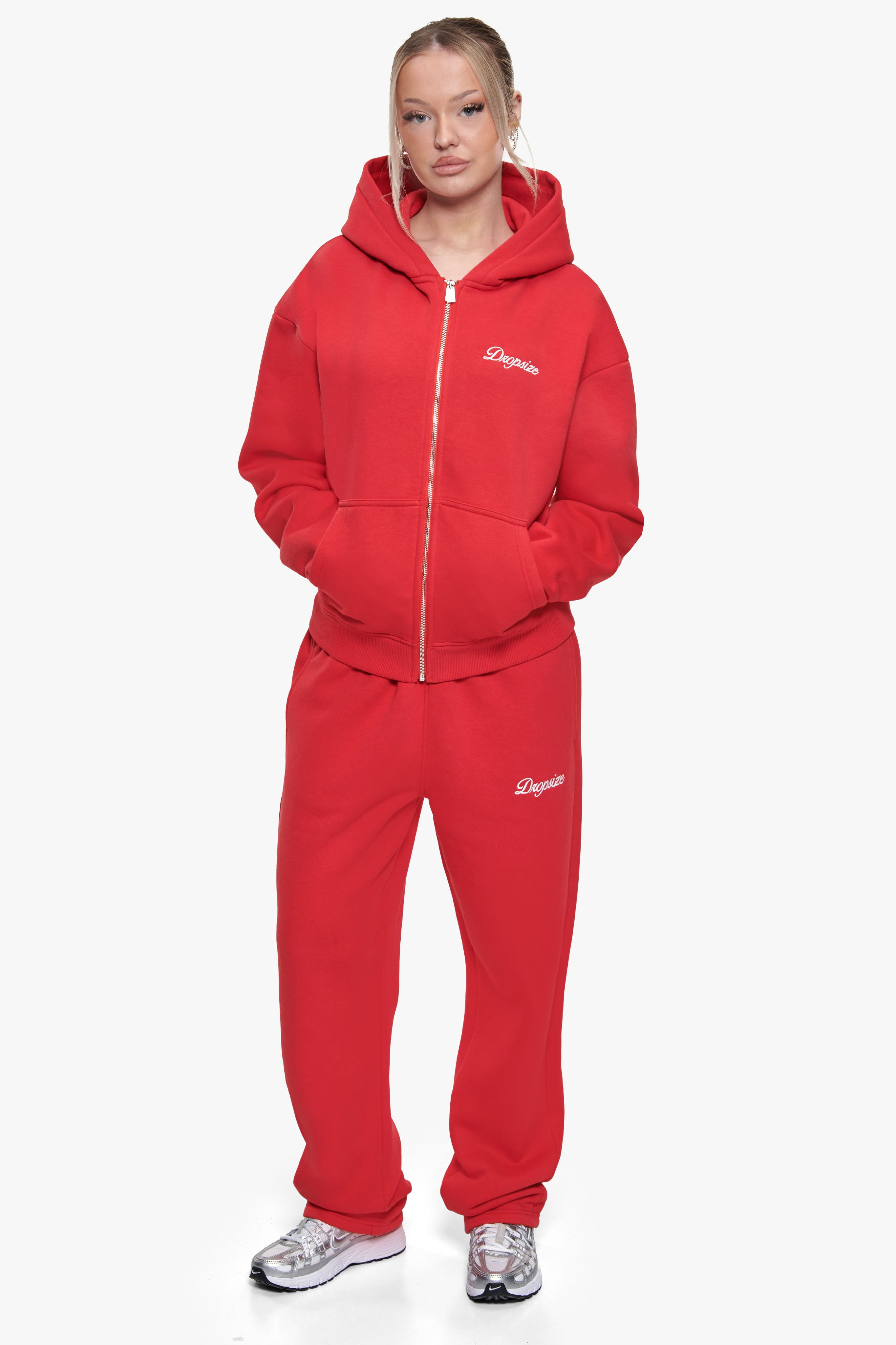 WOMEN CONTRAST EMBO ZIP HOODIE RED