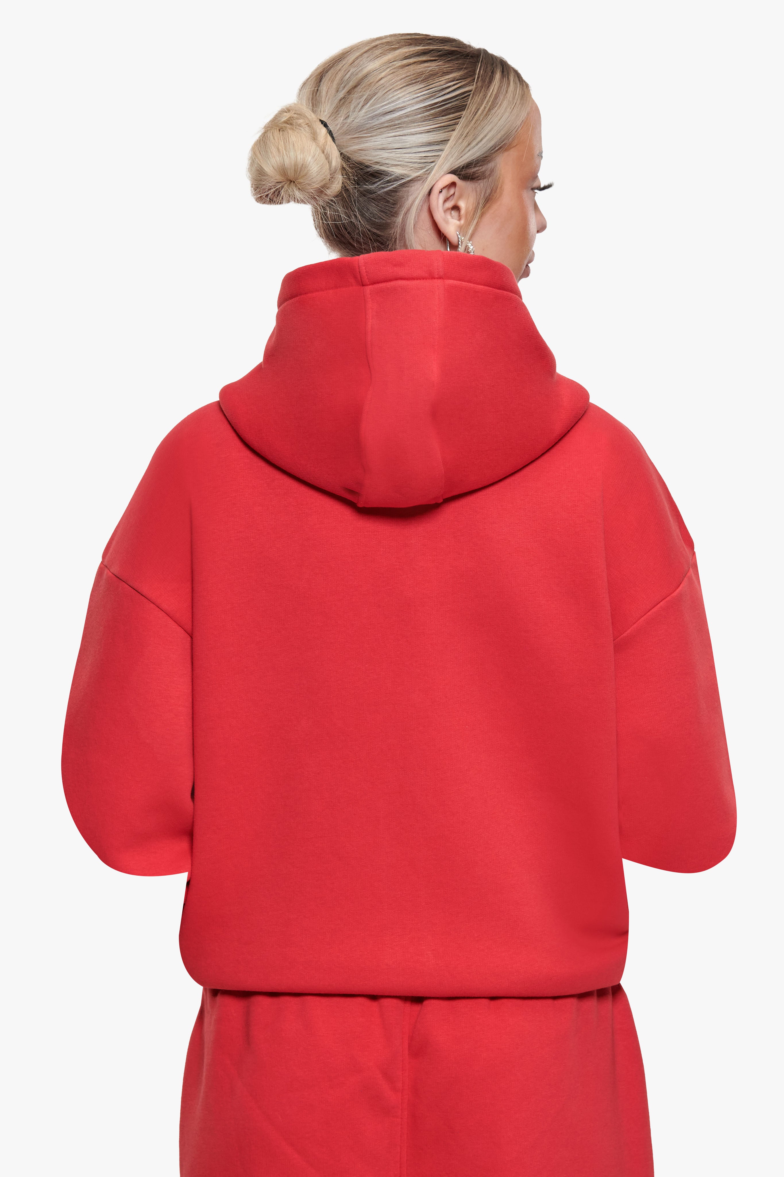 WOMEN CONTRAST EMBO ZIP HOODIE RED