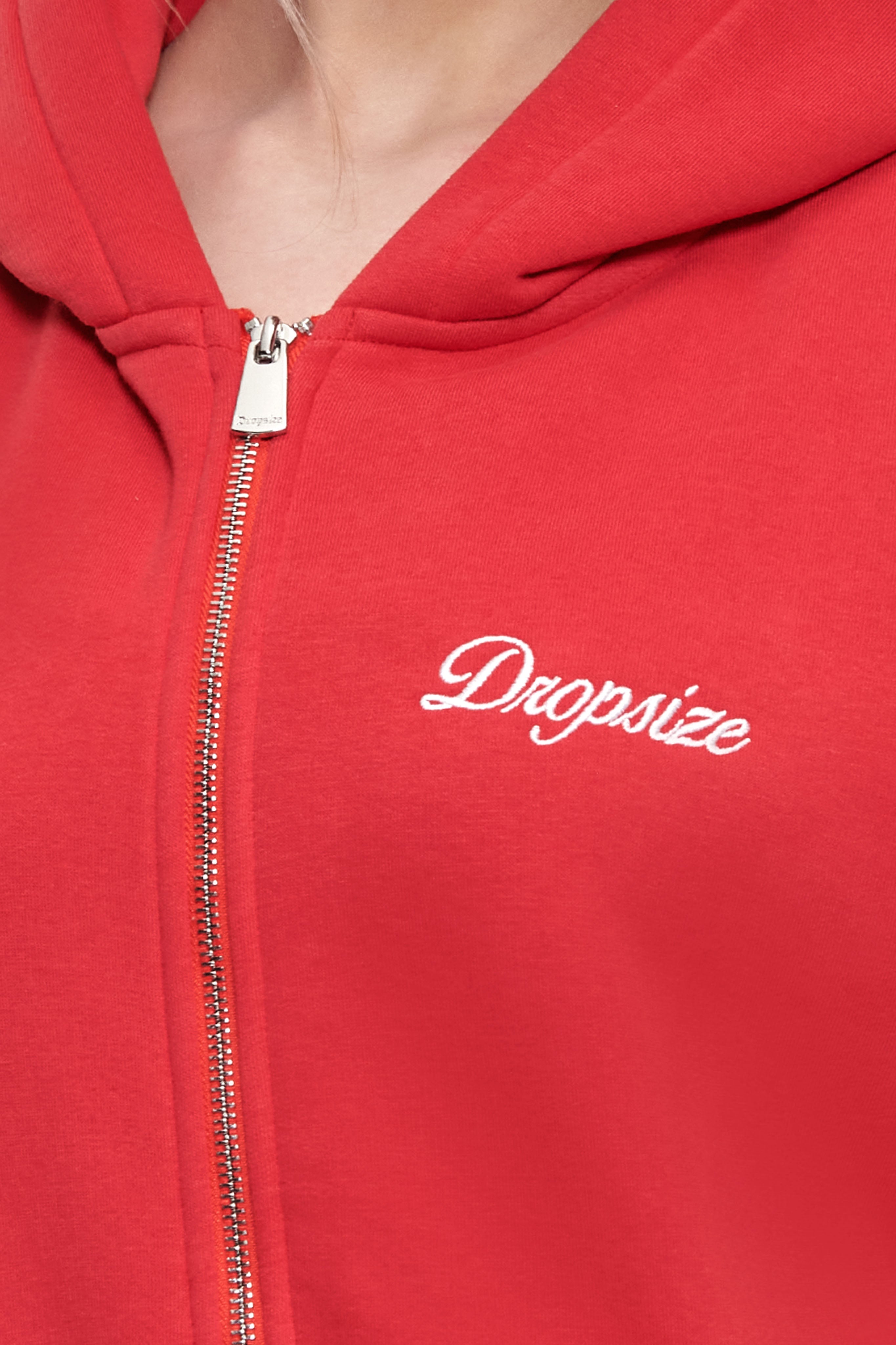 WOMEN CONTRAST EMBO ZIP HOODIE RED