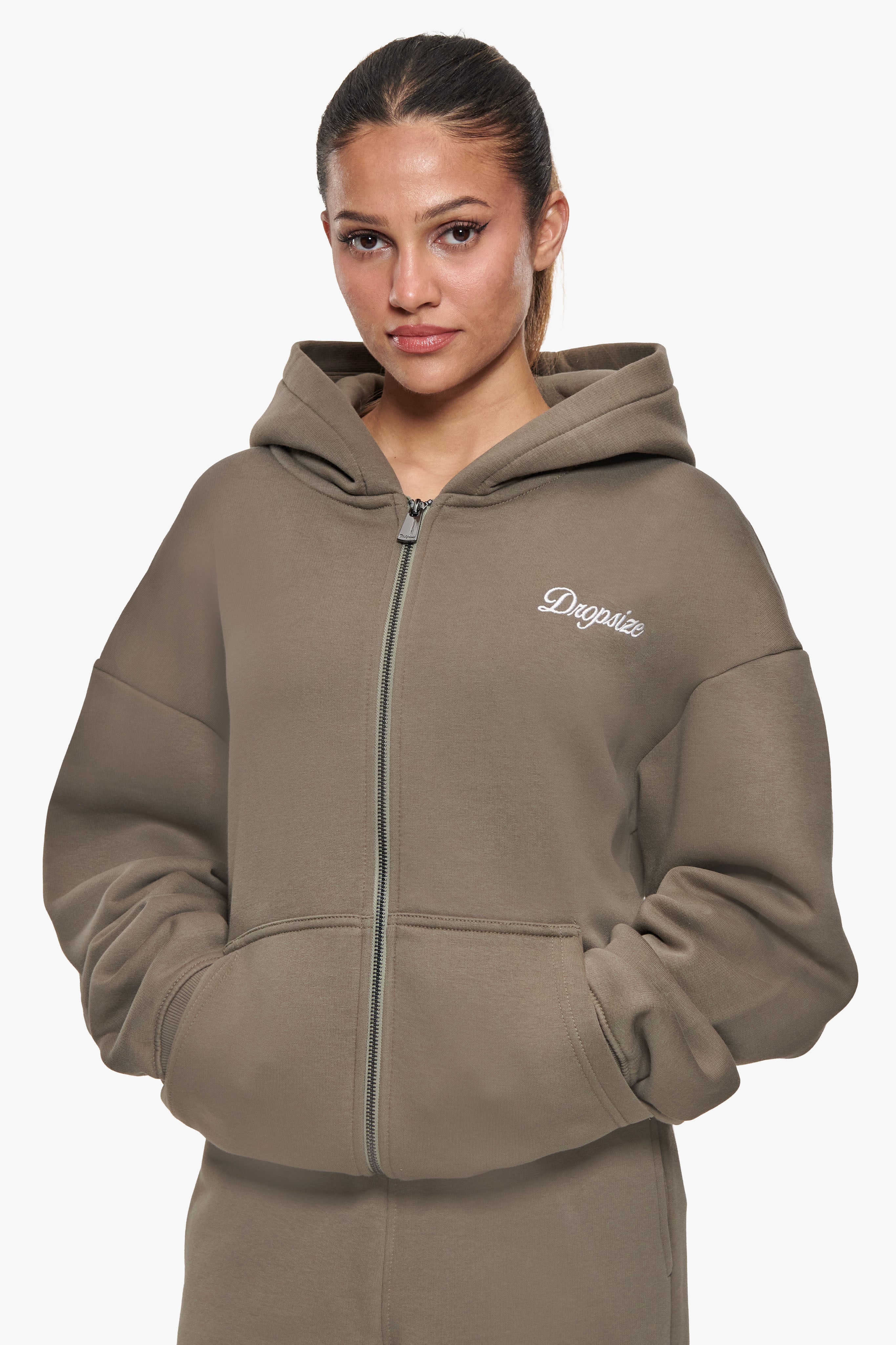 WOMEN CONTRAST EMBO ZIP HOODIE SAFARI GREEN