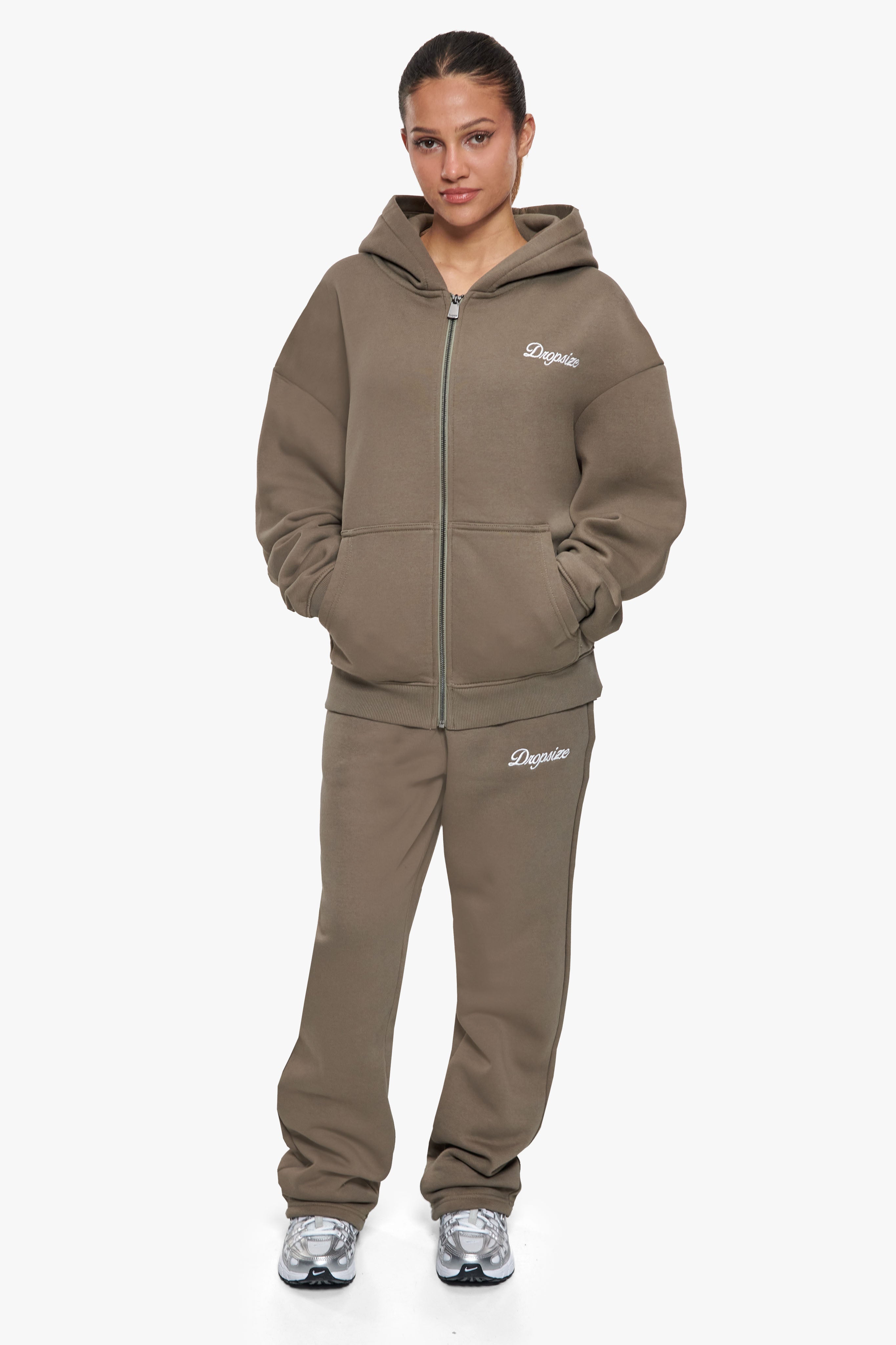 WOMEN CONTRAST EMBO ZIP HOODIE SAFARI GREEN