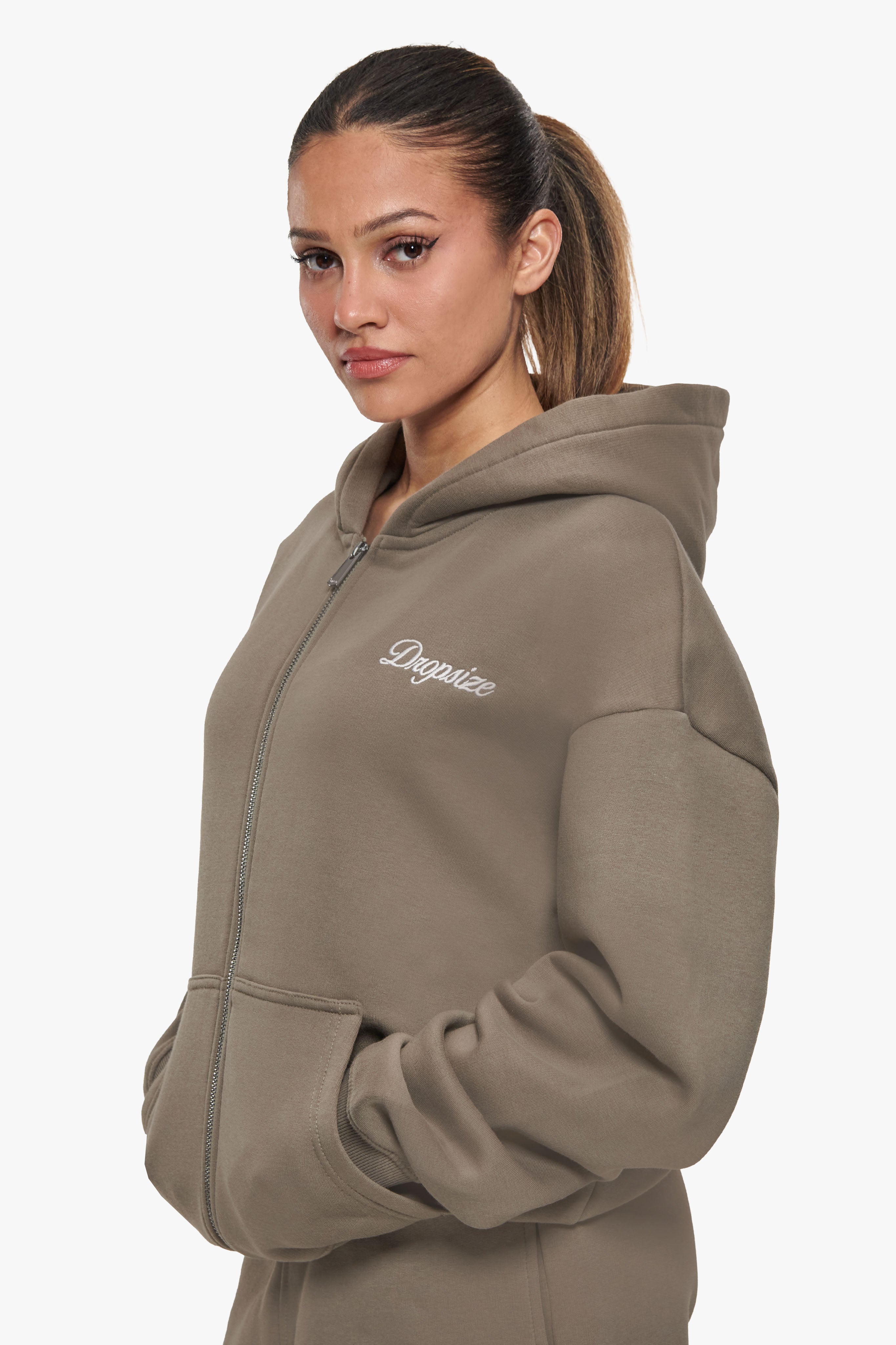 WOMEN CONTRAST EMBO ZIP HOODIE SAFARI GREEN