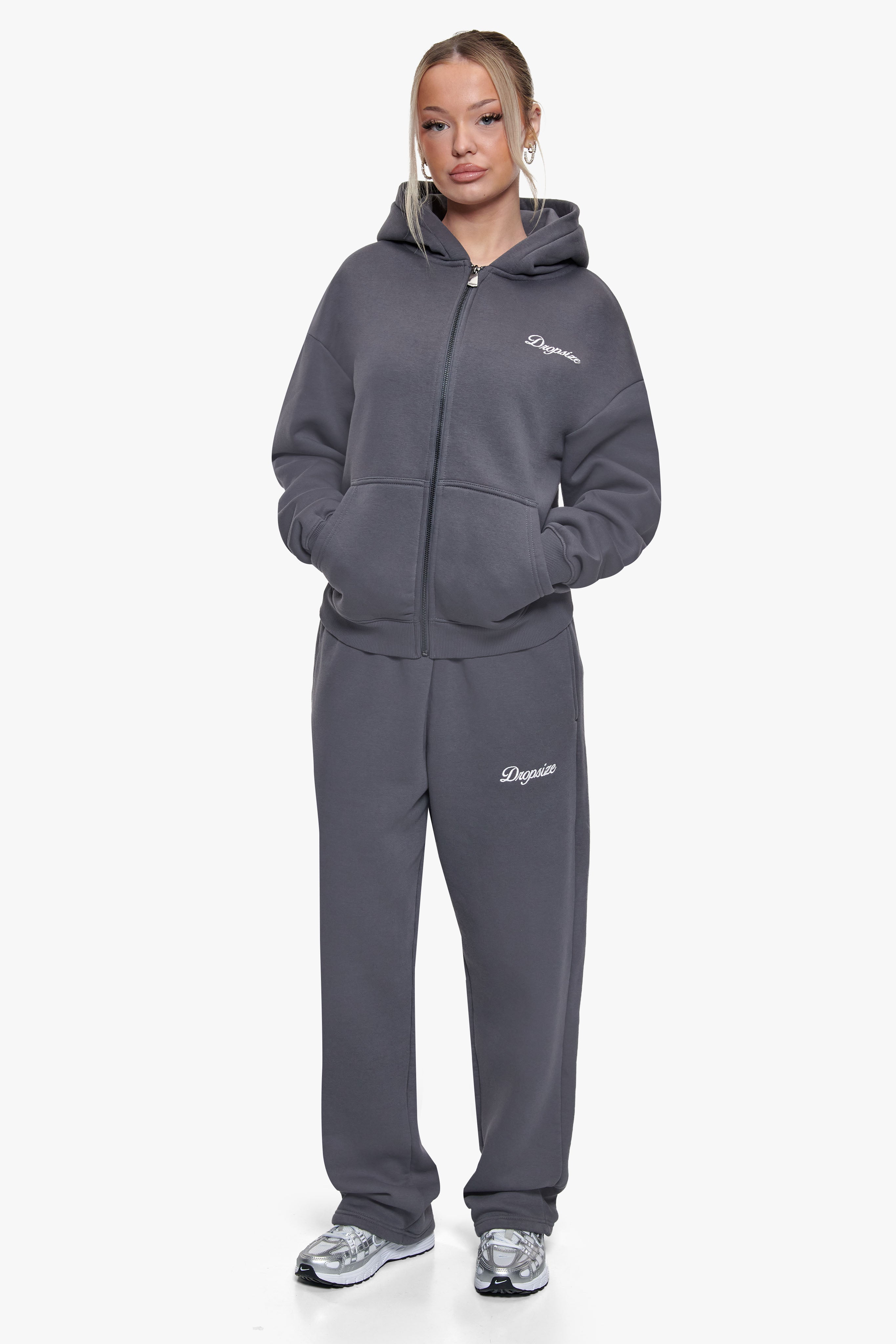 WOMEN CONTRAST EMBO ZIP HOODIE STEEL GREY