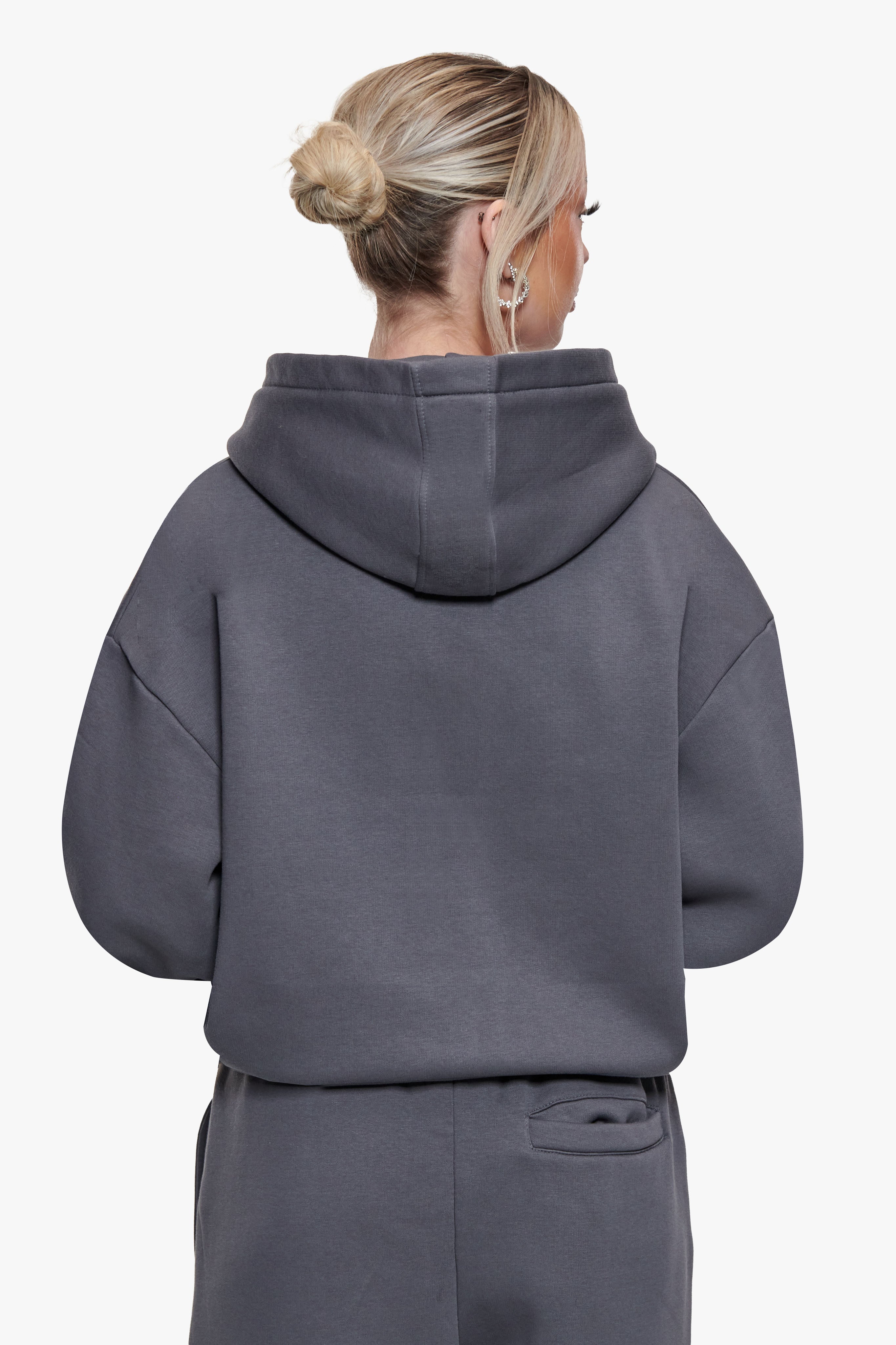 WOMEN CONTRAST EMBO ZIP HOODIE STEEL GREY