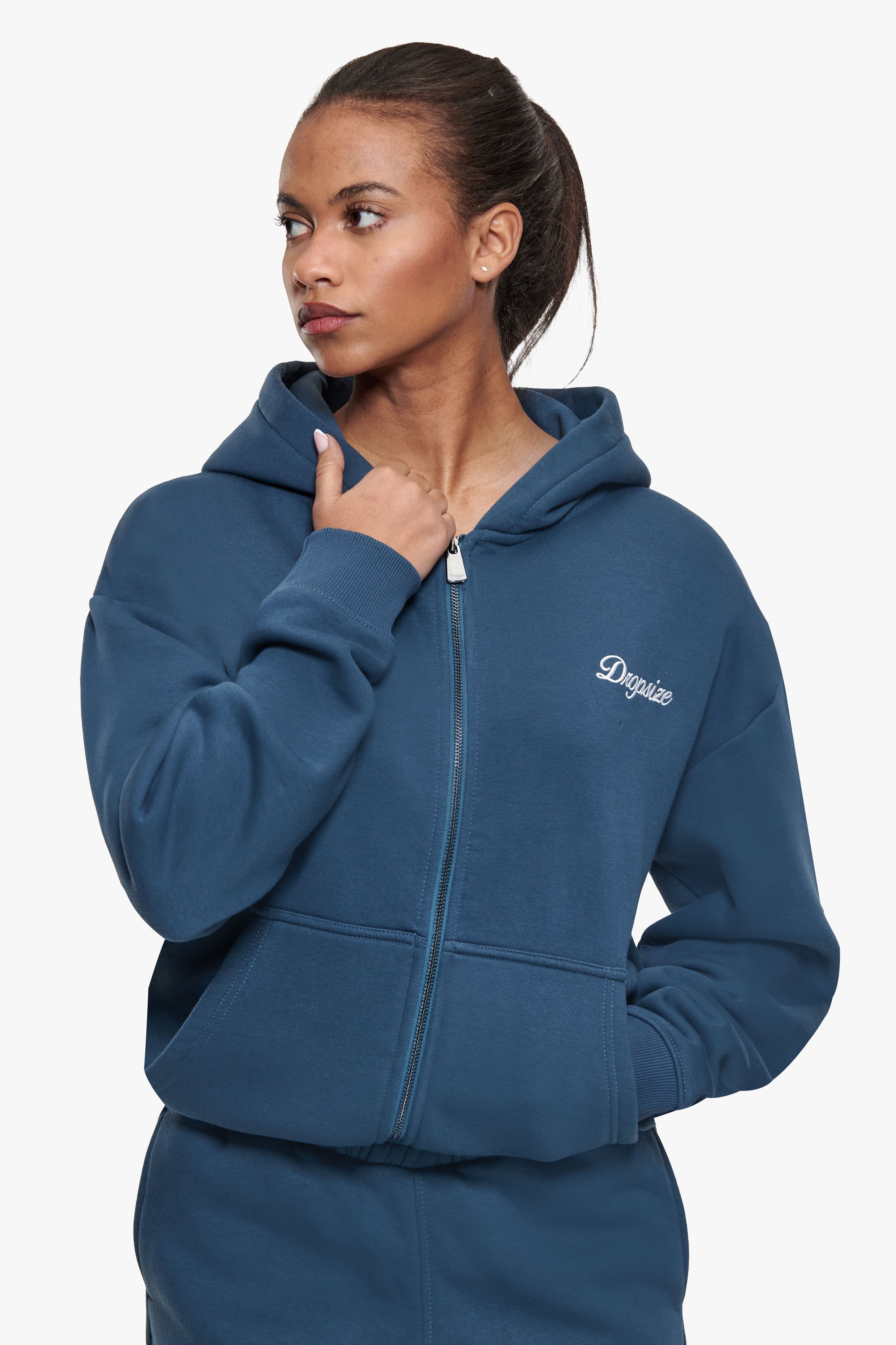 WOMEN CONTRAST EMBO ZIP HOODIE TEAL