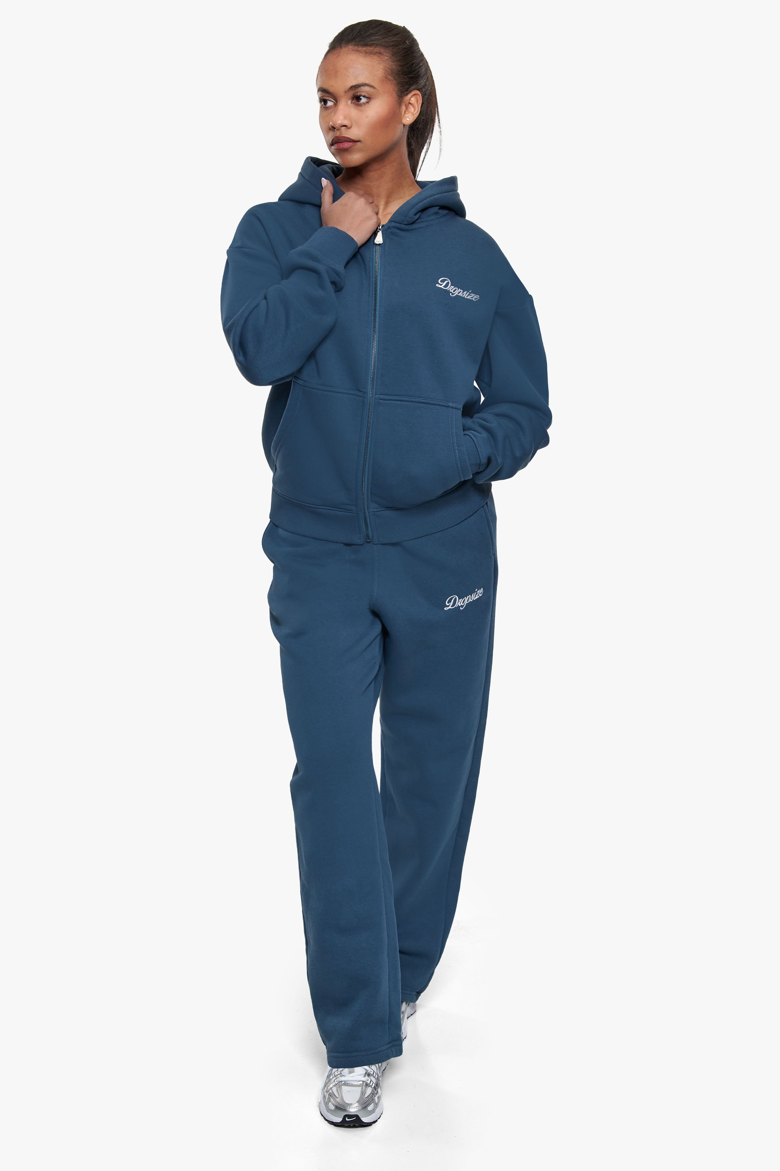 WOMEN CONTRAST EMBO ZIP HOODIE TEAL