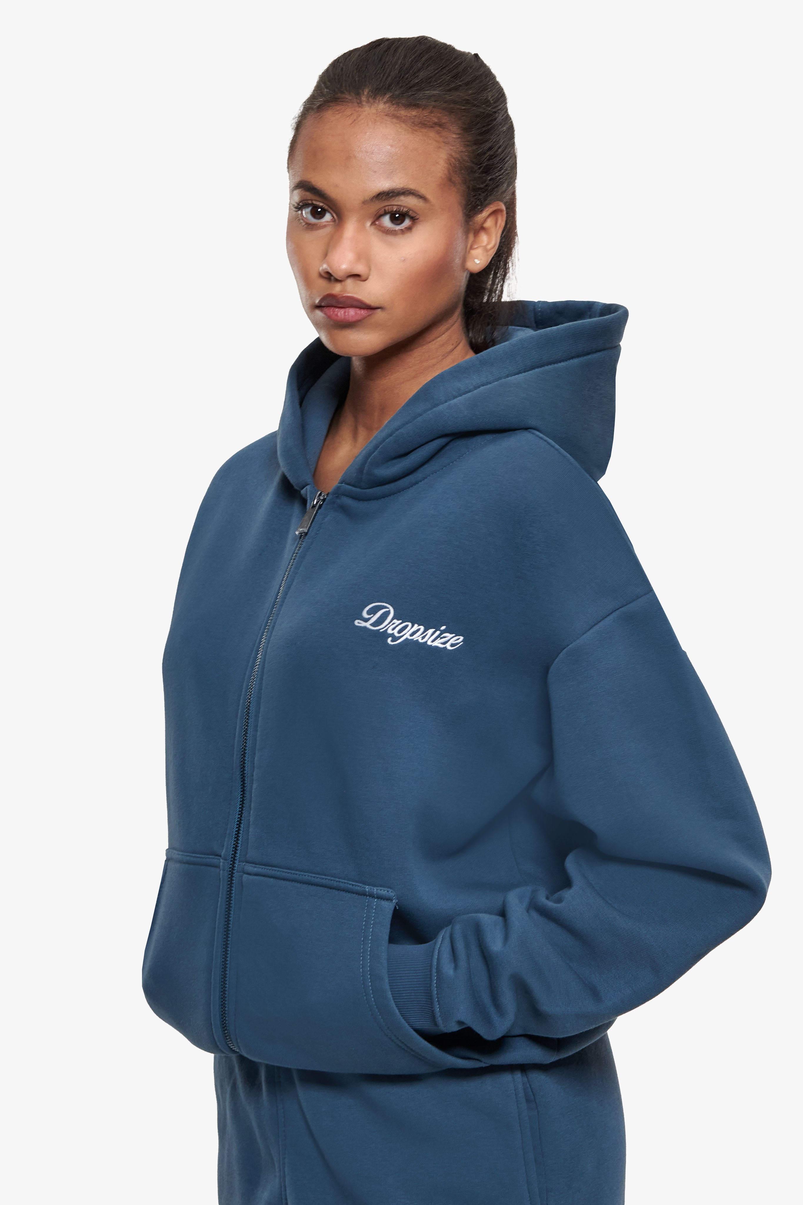 WOMEN CONTRAST EMBO ZIP HOODIE TEAL