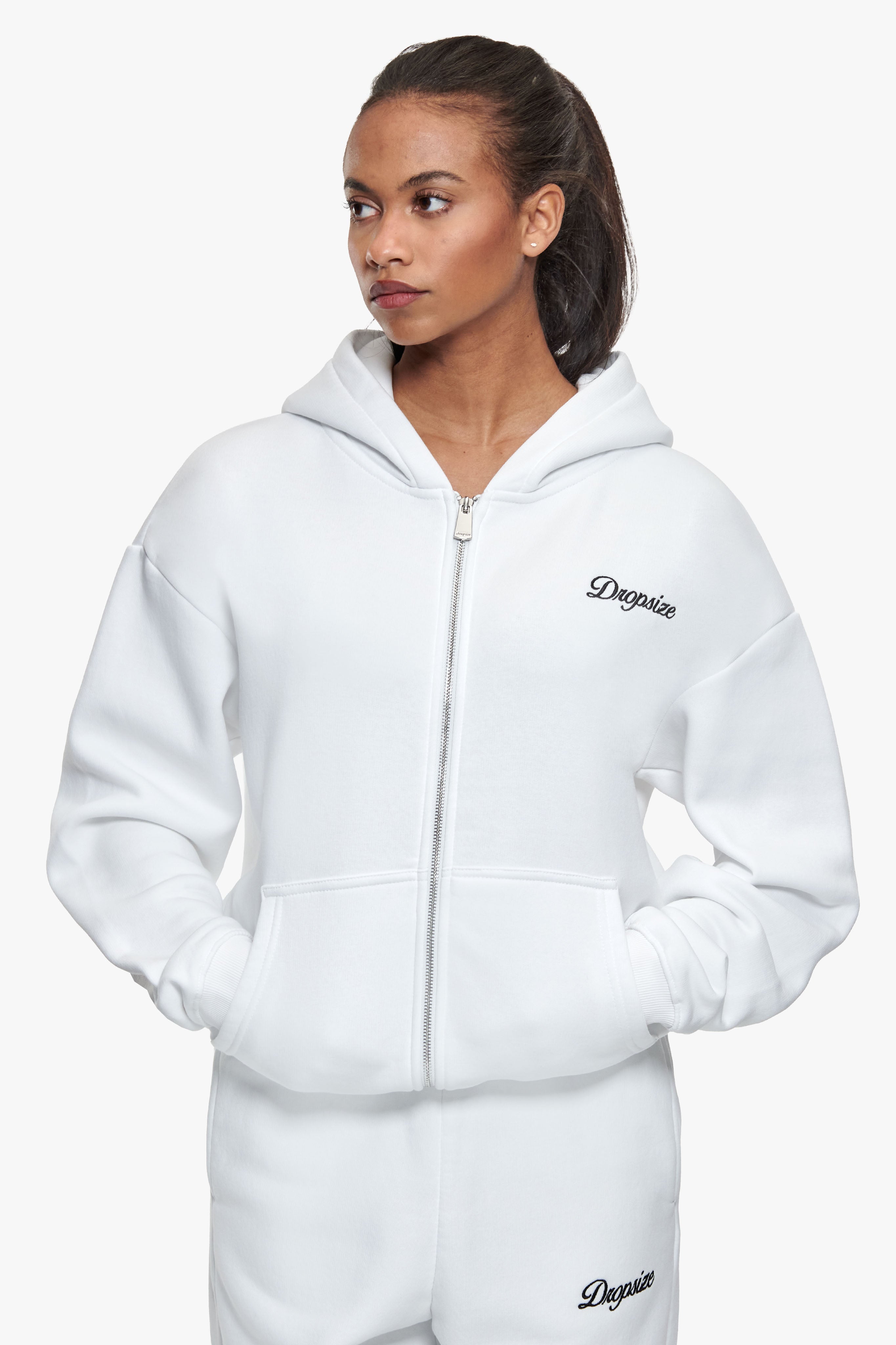 WOMEN CONTRAST EMBO ZIP HOODIE WHITE