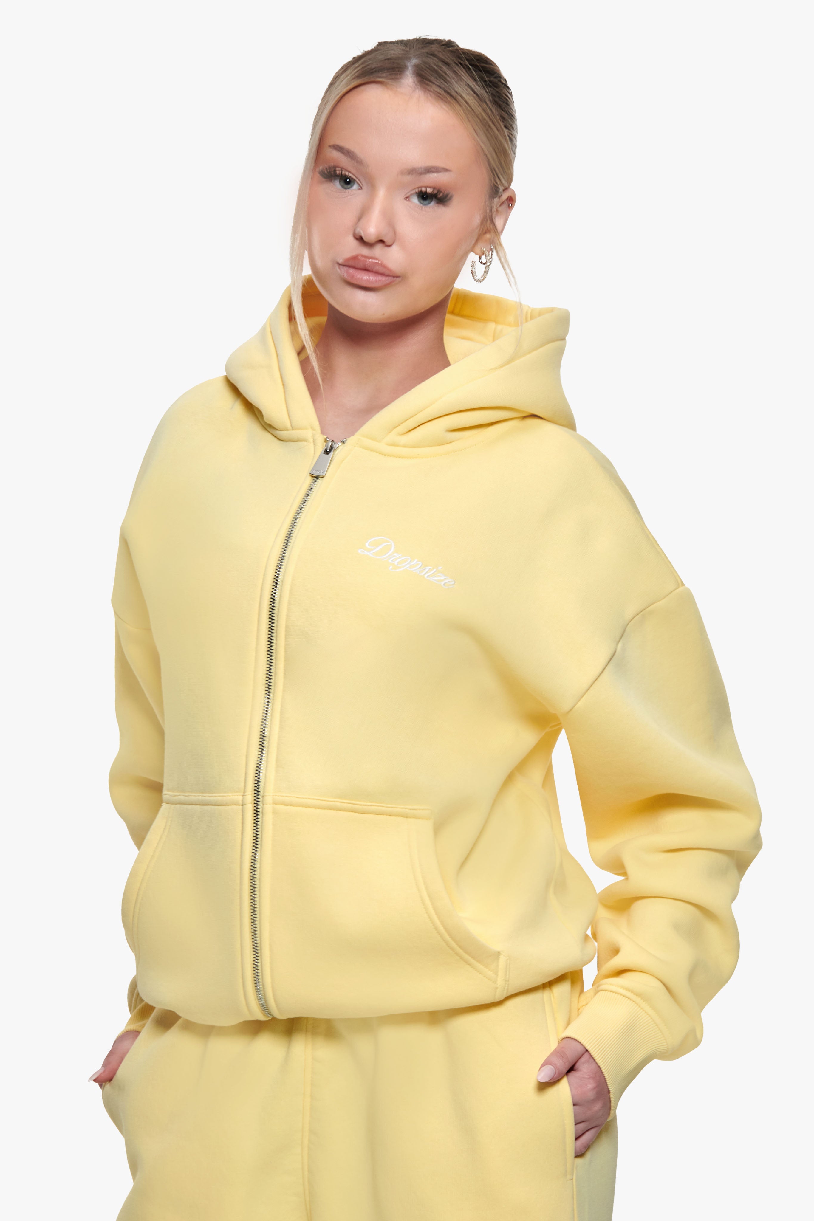 WOMEN CONTRAST EMBO ZIP HOODIE WASHED YELLOW