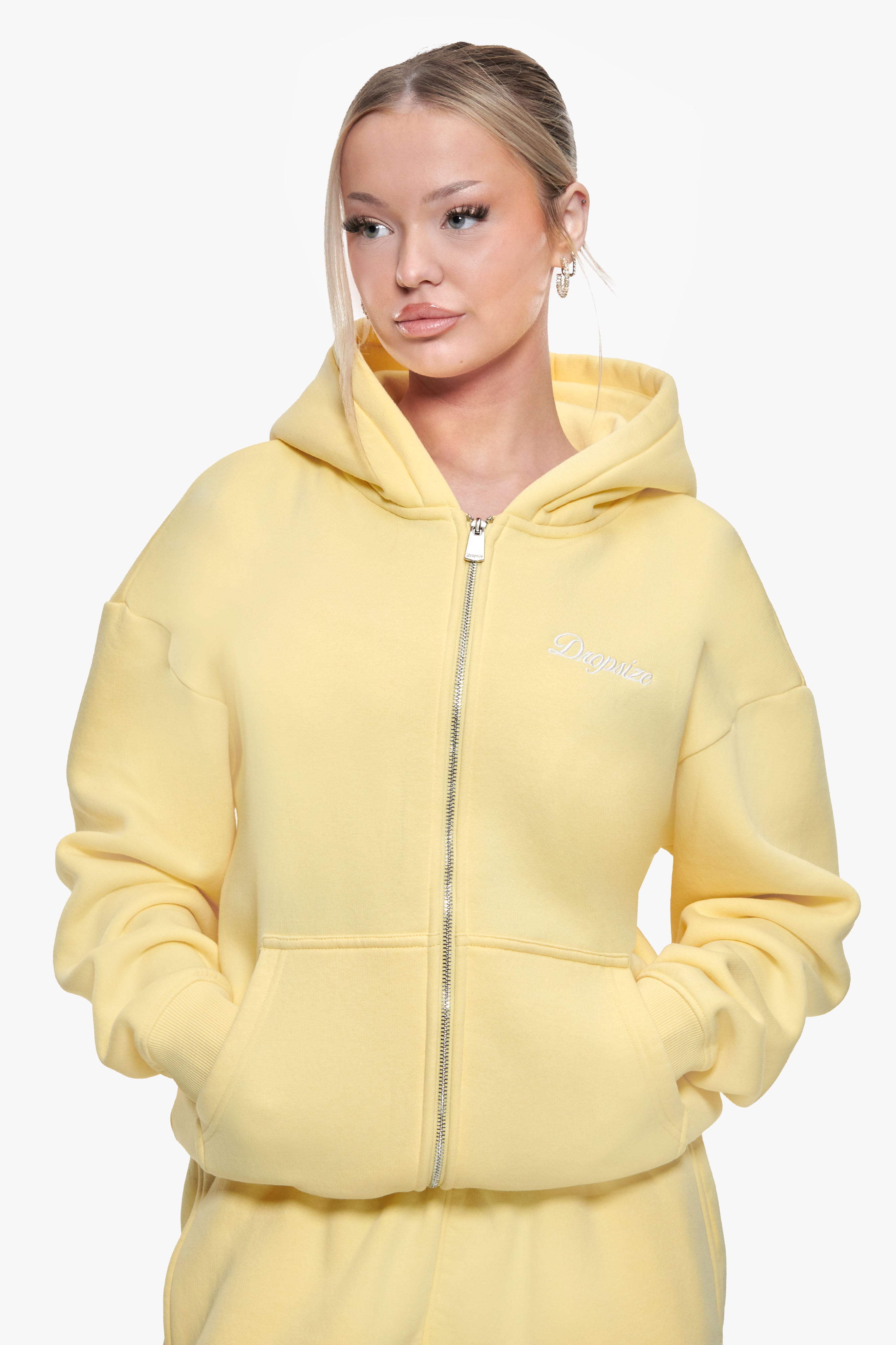 WOMEN CONTRAST EMBO ZIP HOODIE WASHED YELLOW