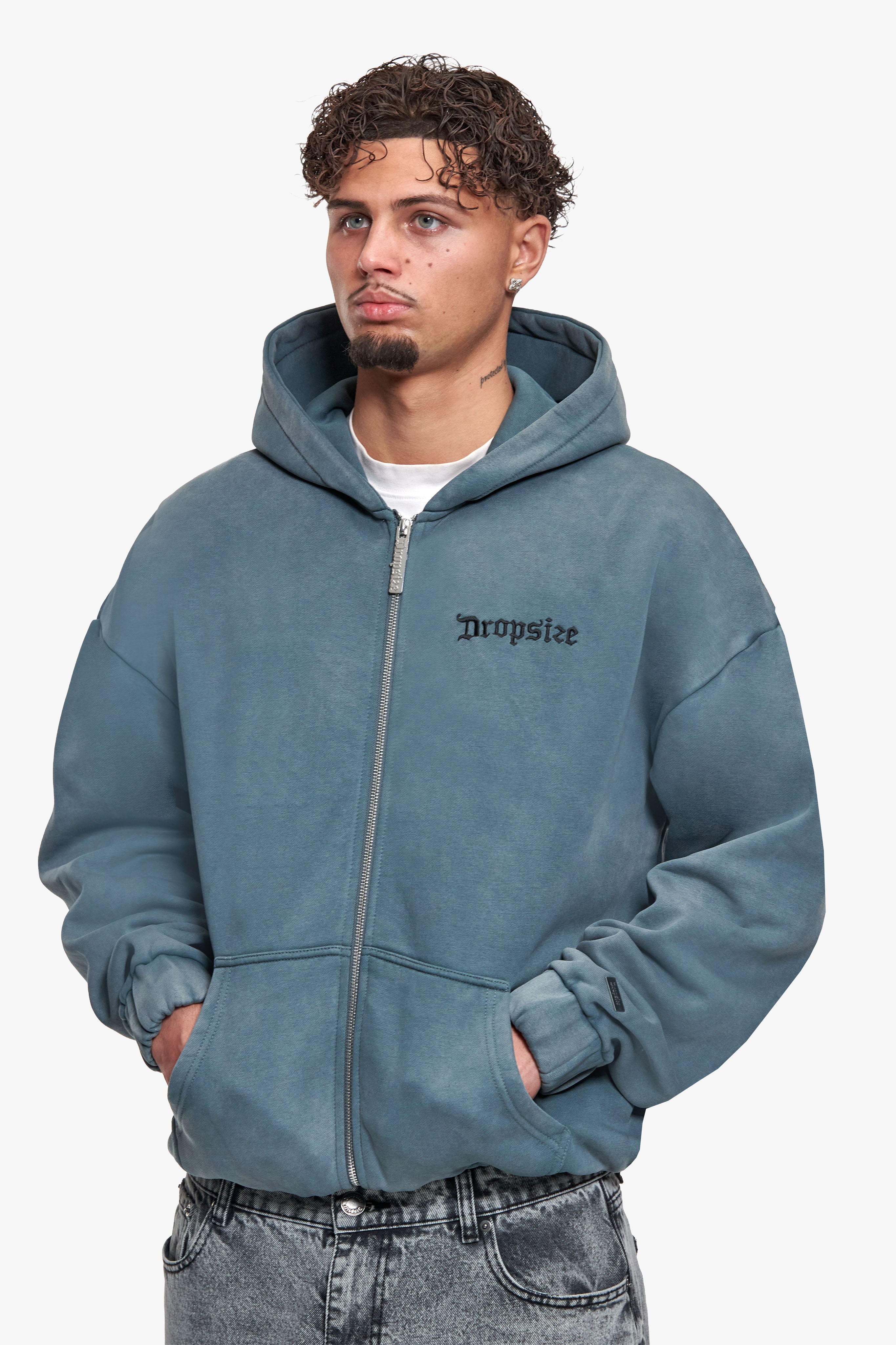 SUPER HEAVY OVERSIZE BLANK ZIP HOODIE WASHED GRAY 