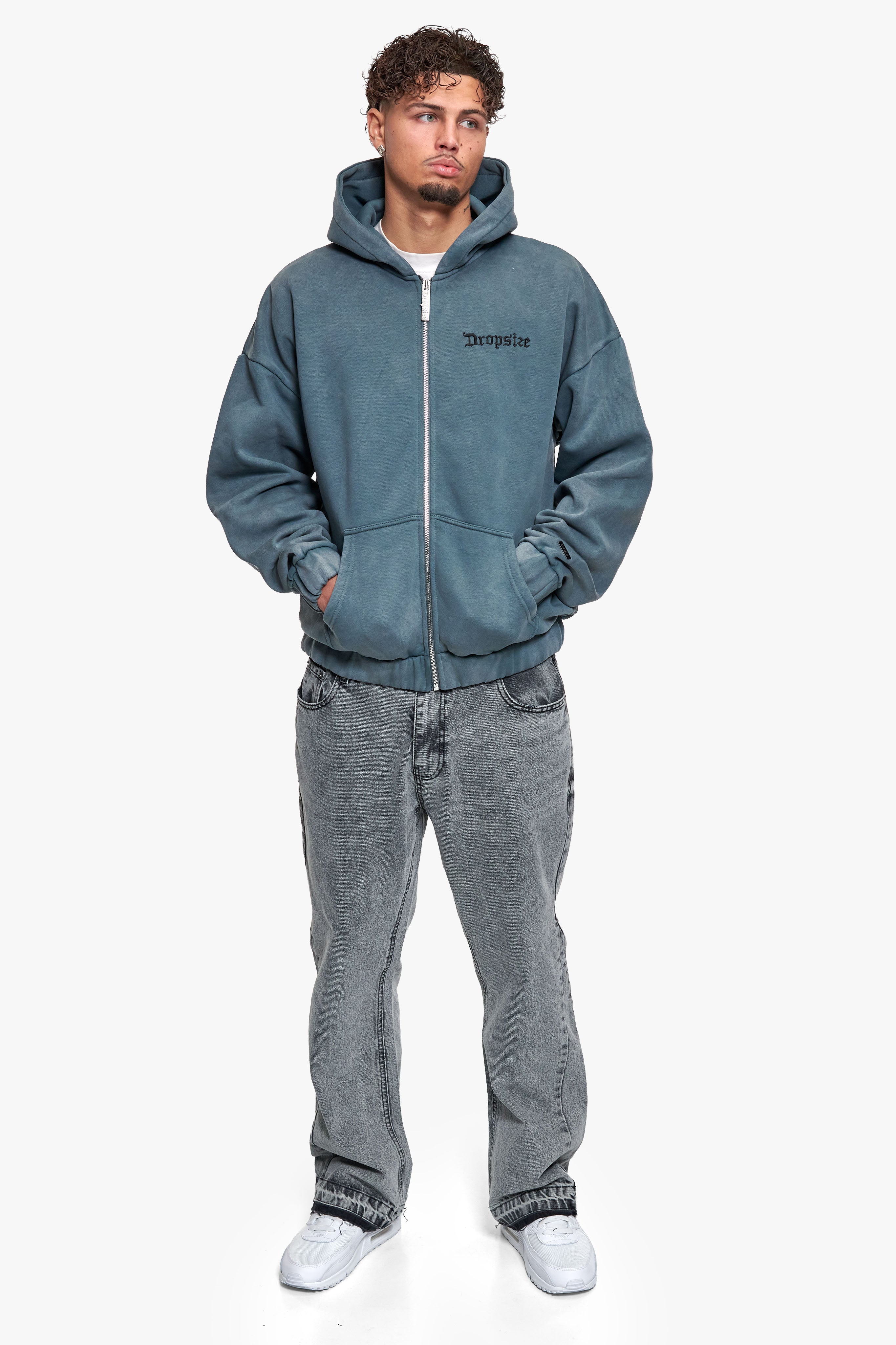 SUPER HEAVY OVERSIZE BLANK ZIP HOODIE WASHED GRAY 