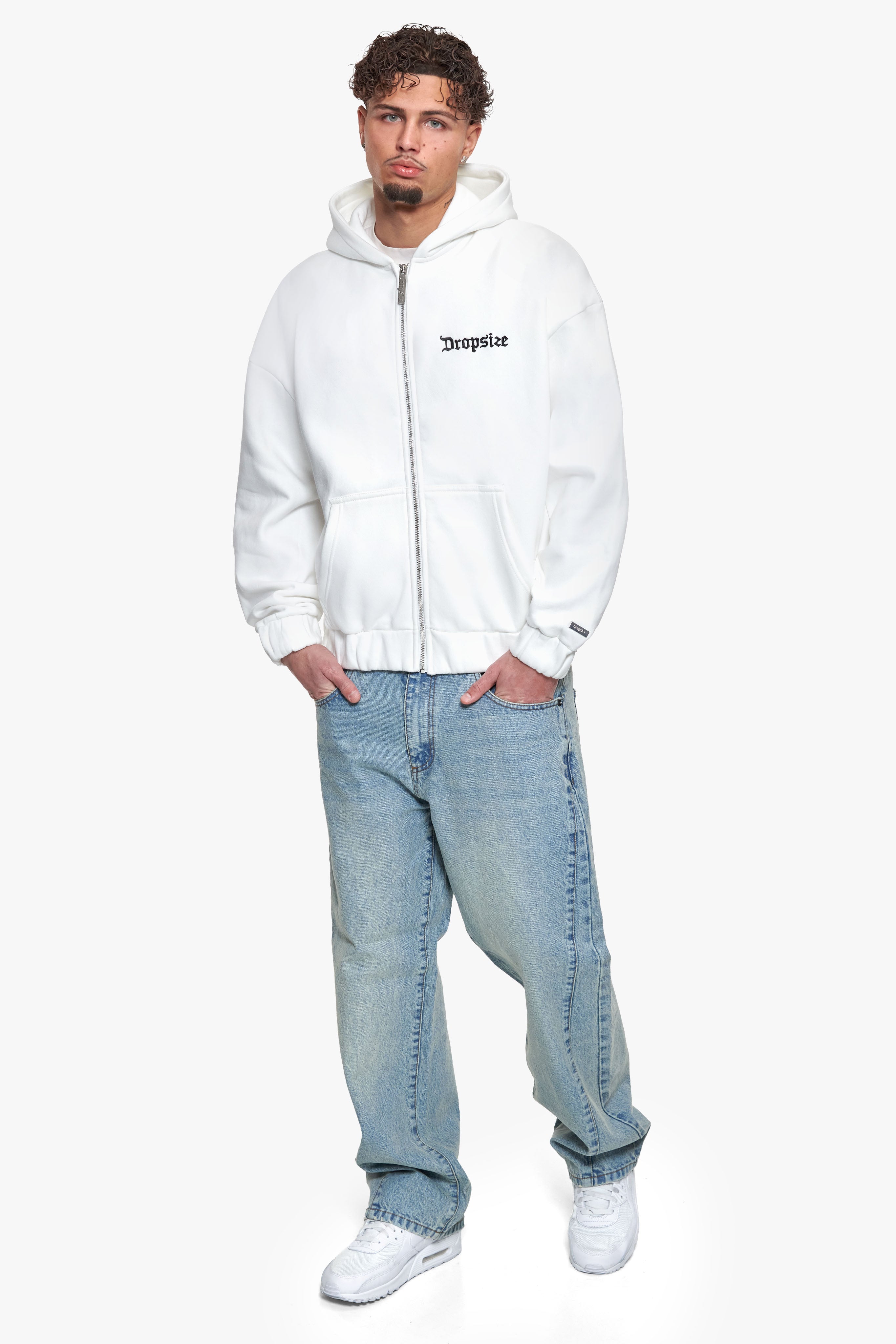 SUPER HEAVY OVERSIZE BLANK ZIP HOODIE WASHED WHITE