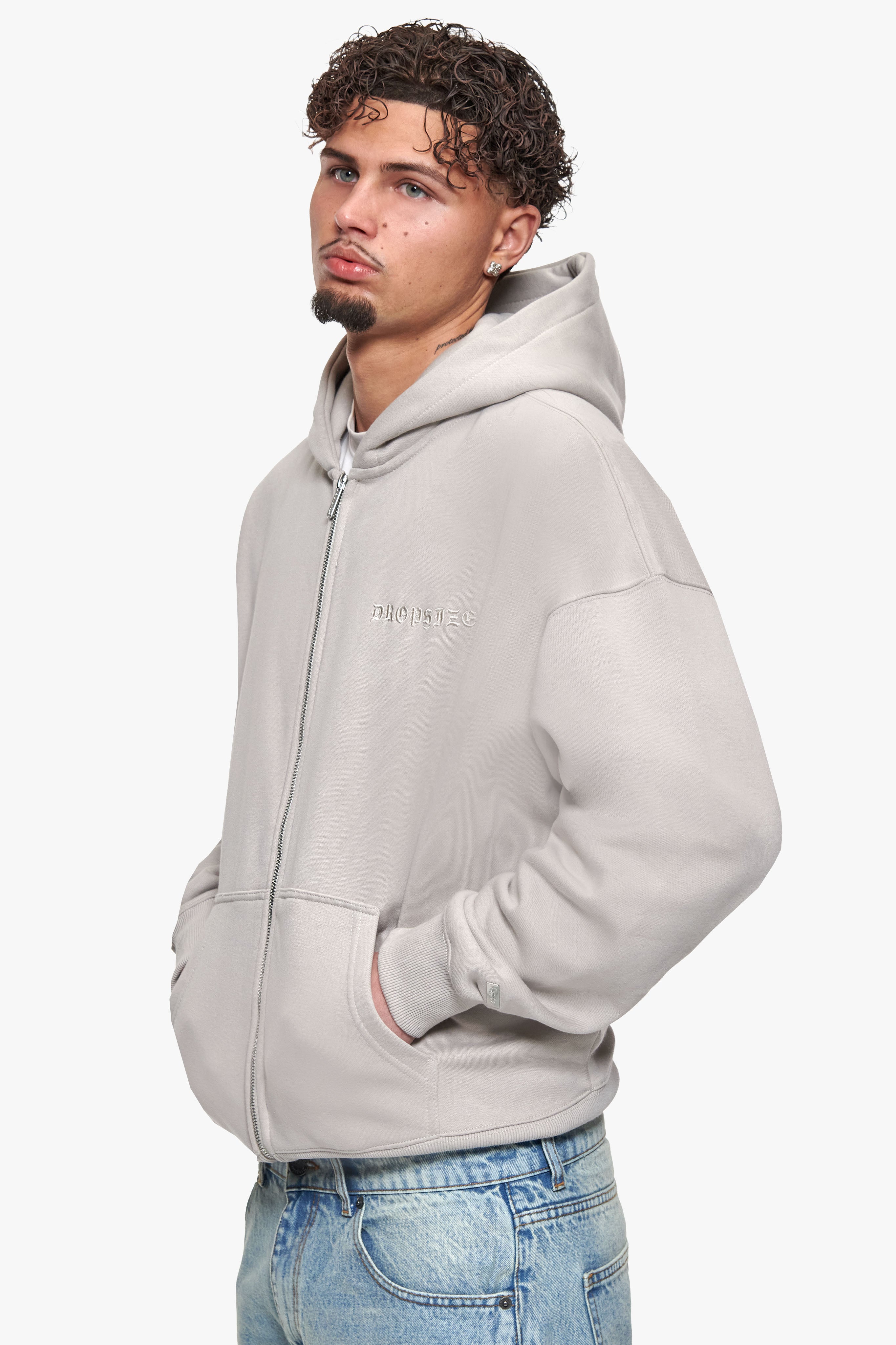 HEAVY OVERSIZE LOGO ZIP HOODIE BEIGE