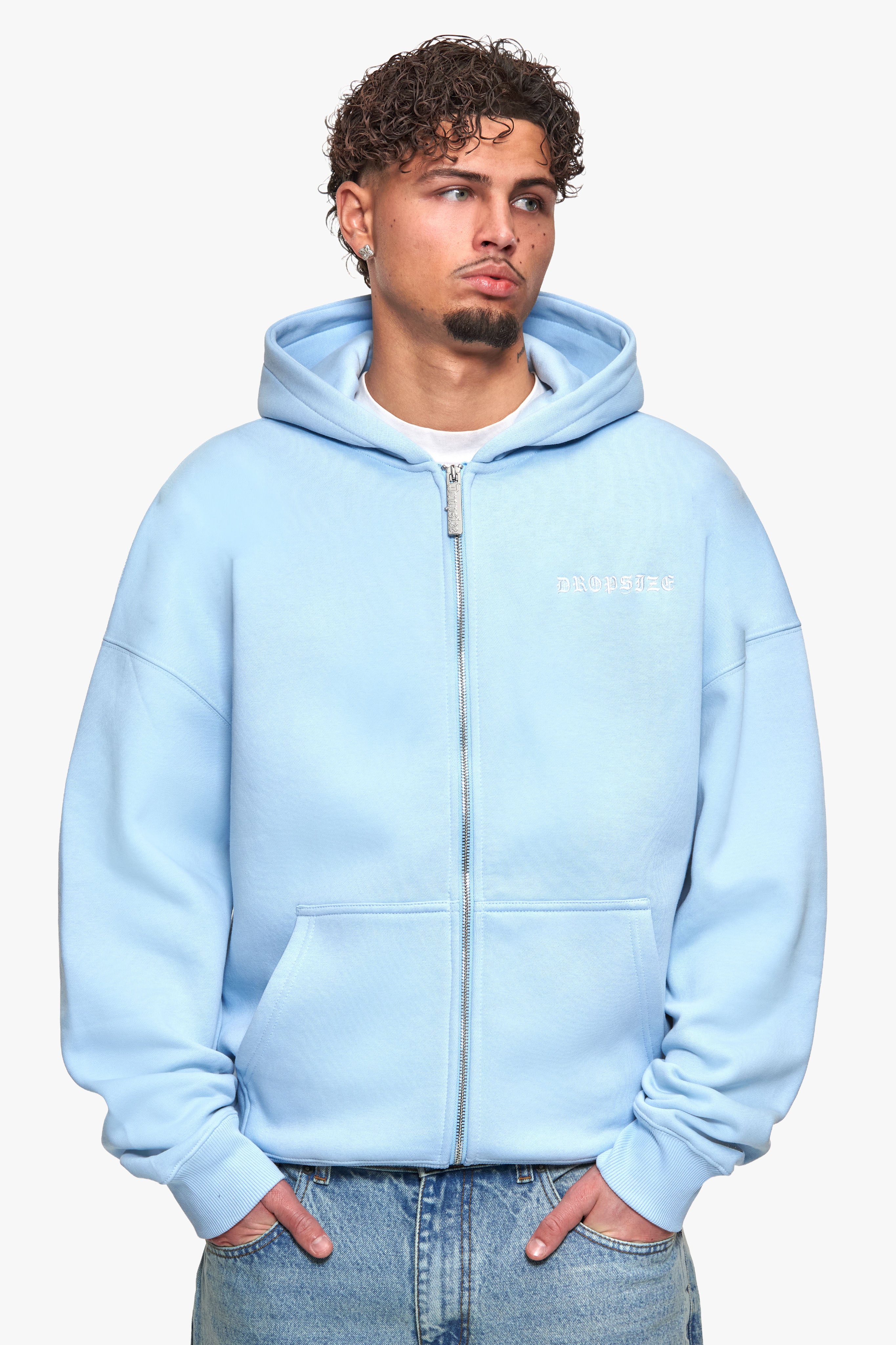 SUPER HEAVY OVERSIZE LOGO ZIP HOODIE BABY BLUE
