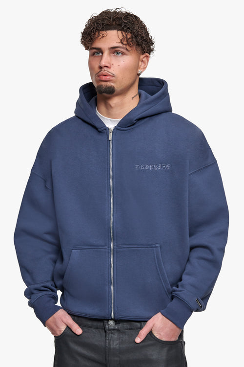 HEAVY OVERSIZE LOGO ZIP HOODIE DARK BLUE