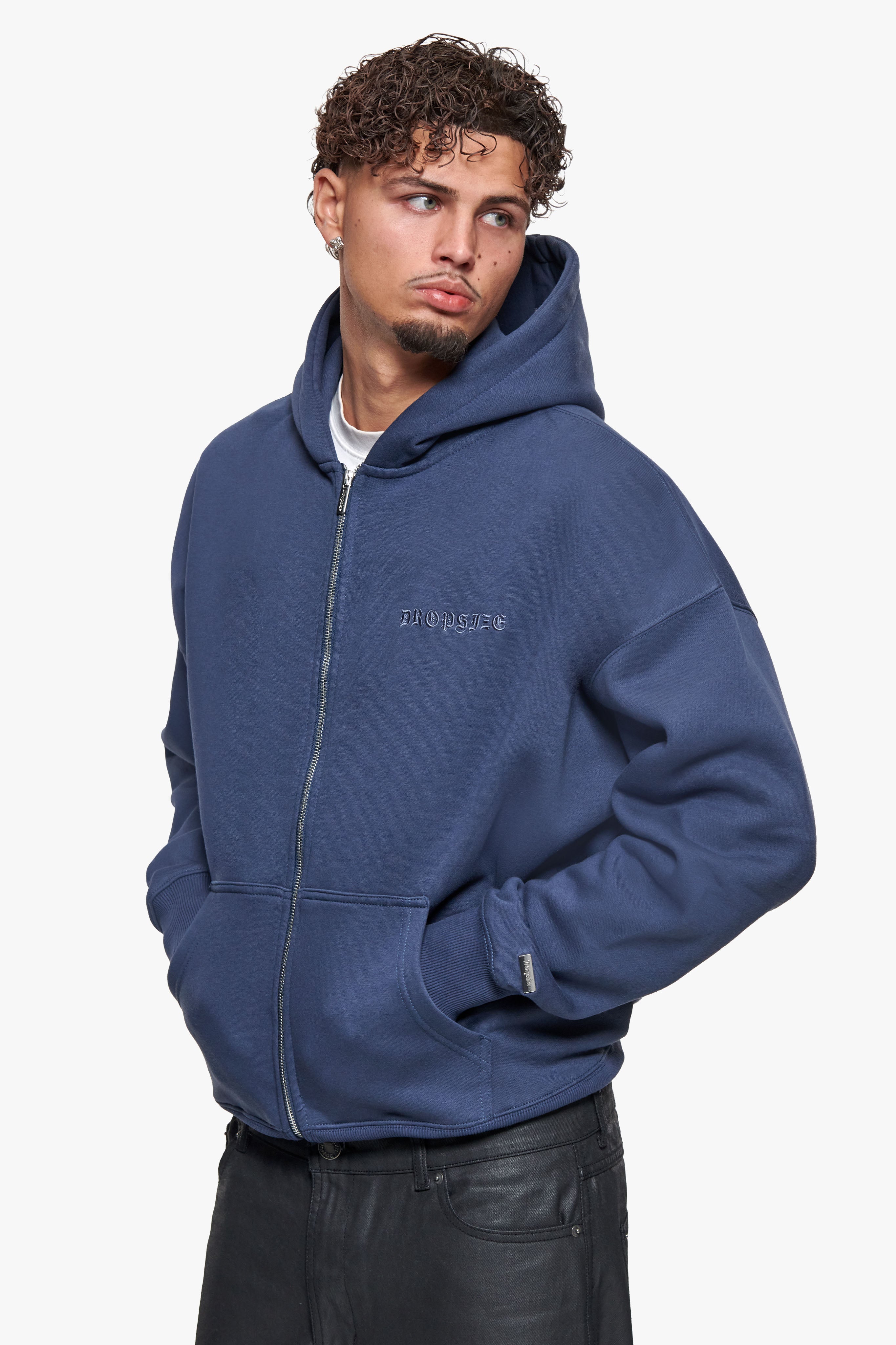 HEAVY OVERSIZE LOGO ZIP HOODIE DARK BLUE
