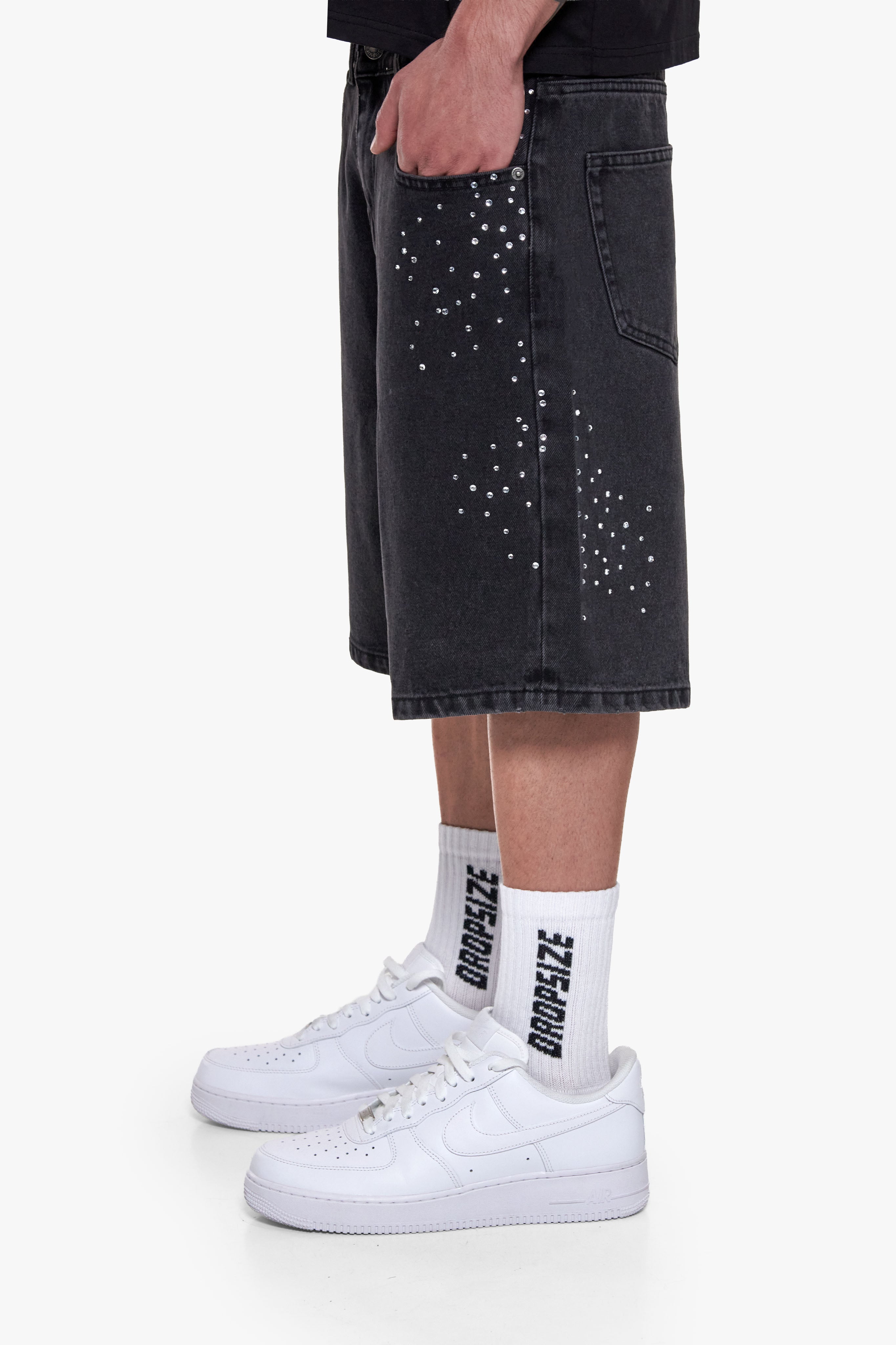 DENIM RHINESTONE JORTS ANTHRACITE