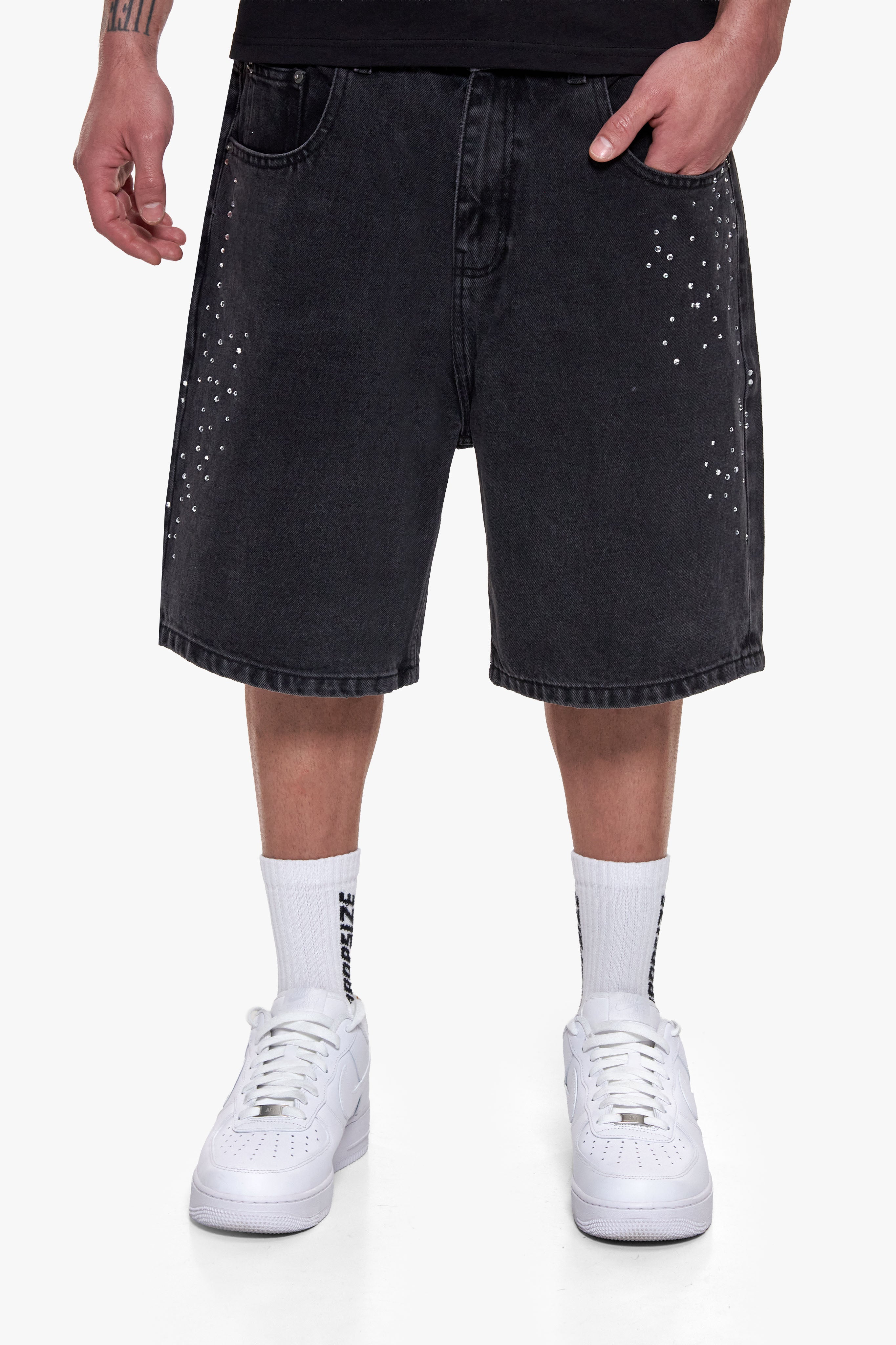 DENIM RHINESTONE JORTS ANTHRACITE