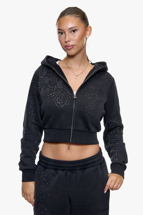 WOMEN CROPPED RHINESTONE ZIP HOODIE WASHED BLACK