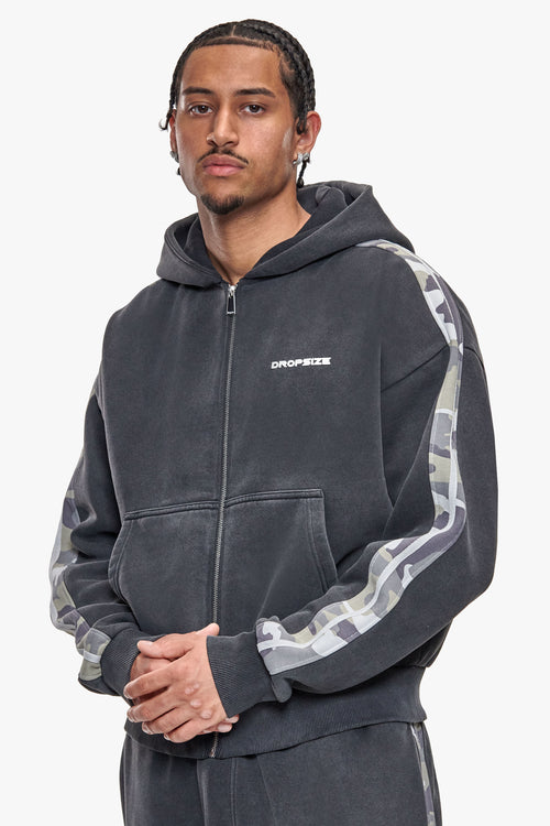 CONTRAST CAMO ZIP HOODIE ACID WASHED BLACK