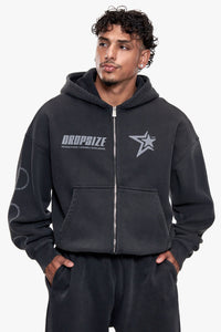 LOOSE FADED PRINT ZIP HOODIE FADED VINTAGE WASHED BLACK