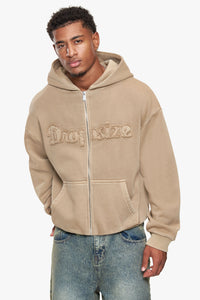 SELF FABRIC PATCH ZIP HOODIE WASHED BEIGE