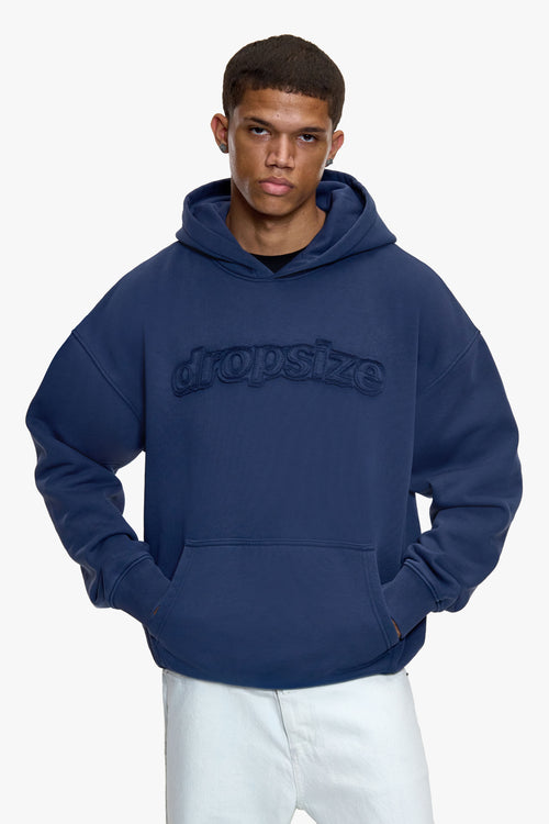 DOUBLE LAYER EMBO PATCH HOODIE ACID WASHED SPACE BLUE