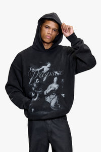 MOON PRINT HOODIE WITH RHINESTONES SPRAY WASHED BLACK