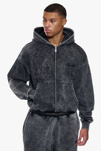 RHINESTONE ZIP HOODIE VINTAGE WASHED BLACK