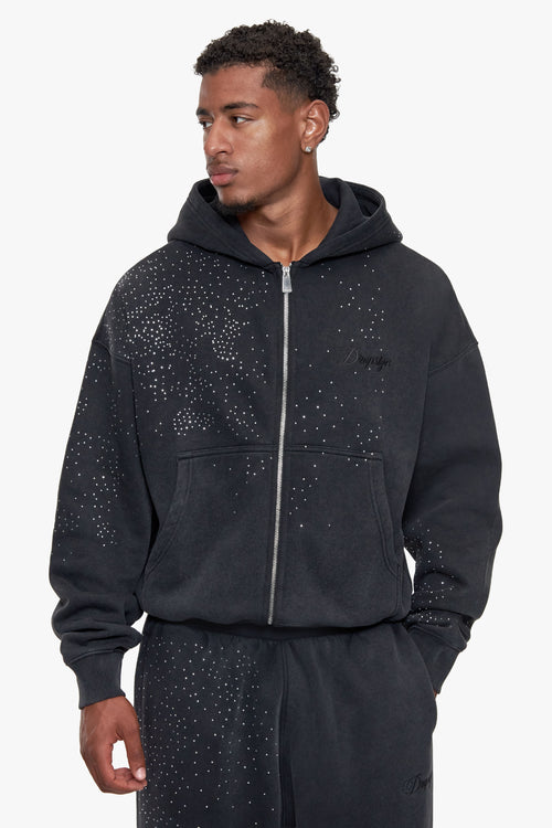 RHINESTONE ZIP HOODIE ACID WASHED BLACK