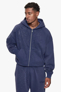 RHINESTONE ZIP HOODIE WASHED SPACE BLUE