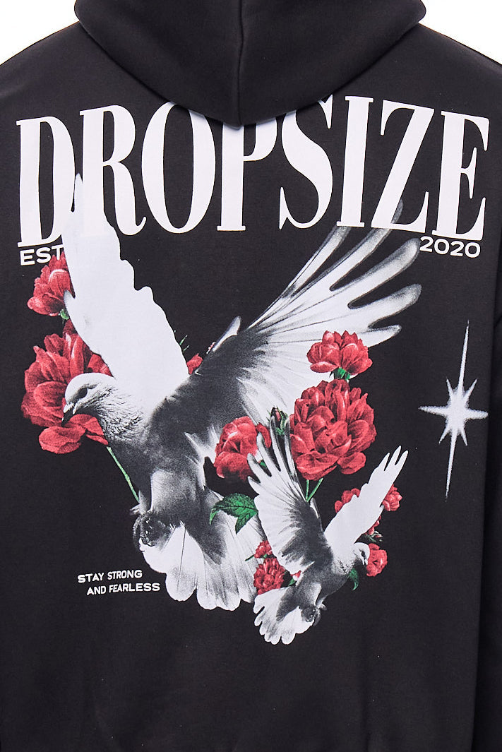 HEAVY OVERSIZE DOVES AND ROSES HOODIE BLACK