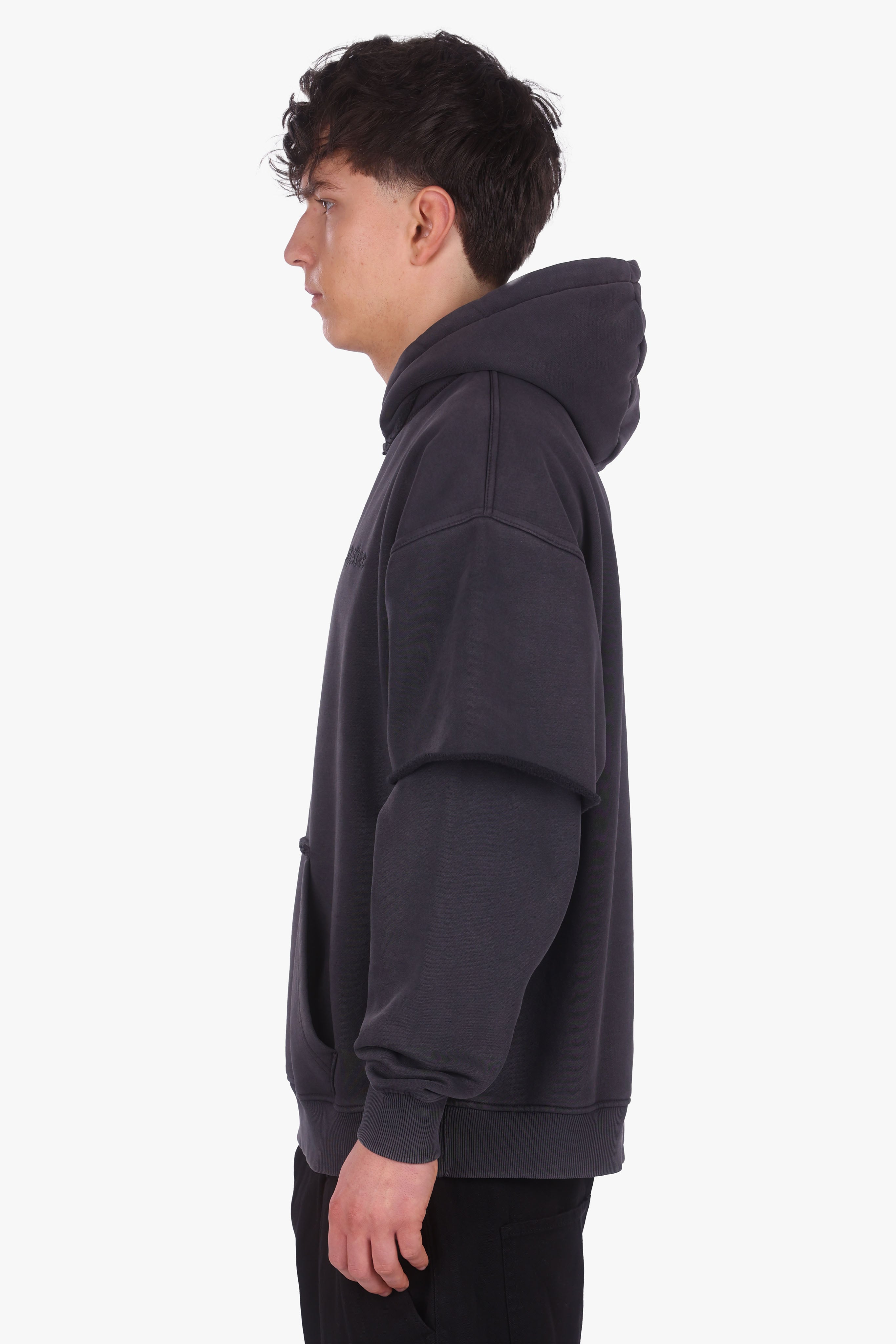 HEAVY OVERSIZE DOUBLE ARM HOODIE ACID WASHED BLACK