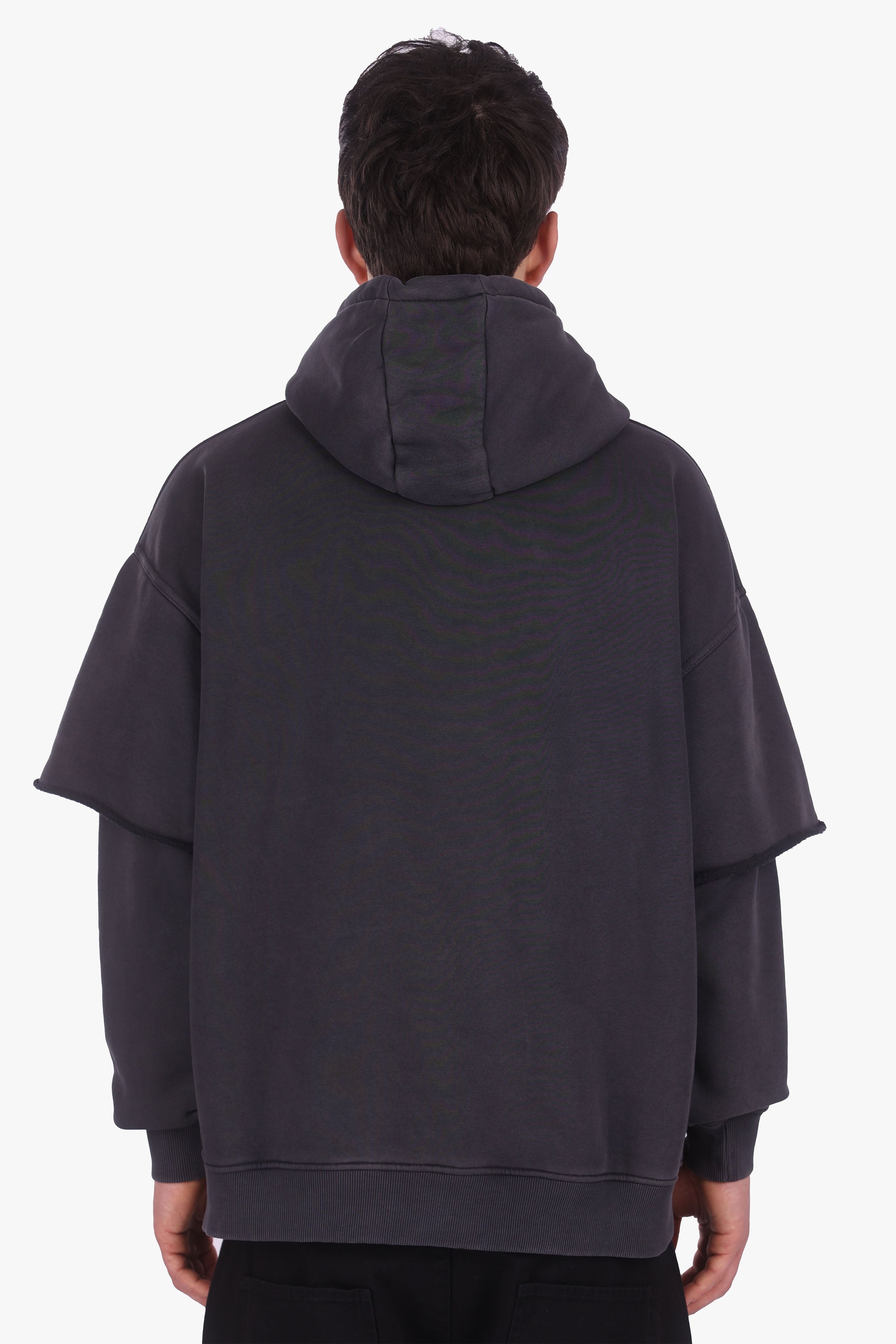HEAVY OVERSIZE DOUBLE ARM HOODIE ACID WASHED BLACK
