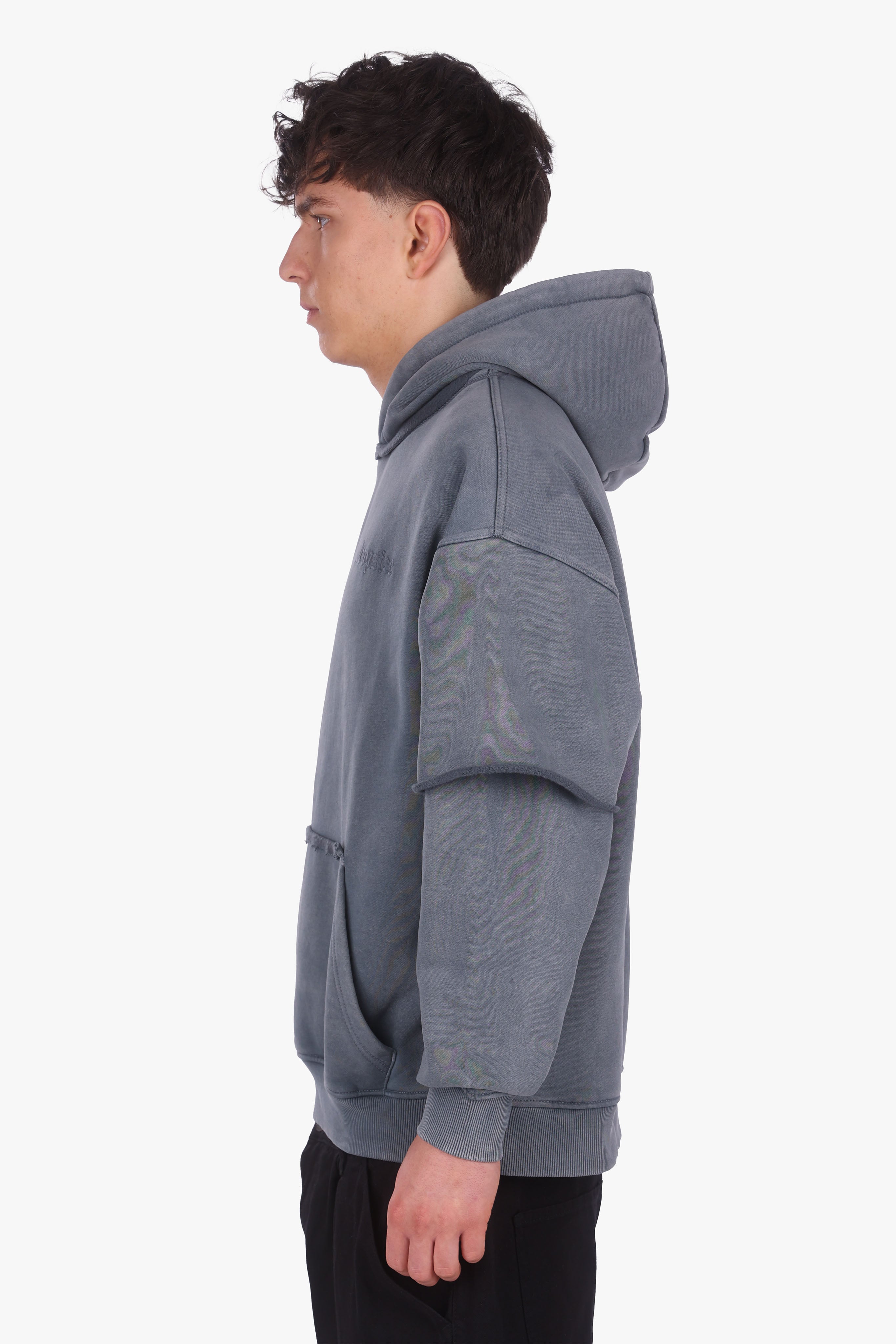 HEAVY OVERSIZE DOUBLE ARM HOODIE ACID WASHED GREY