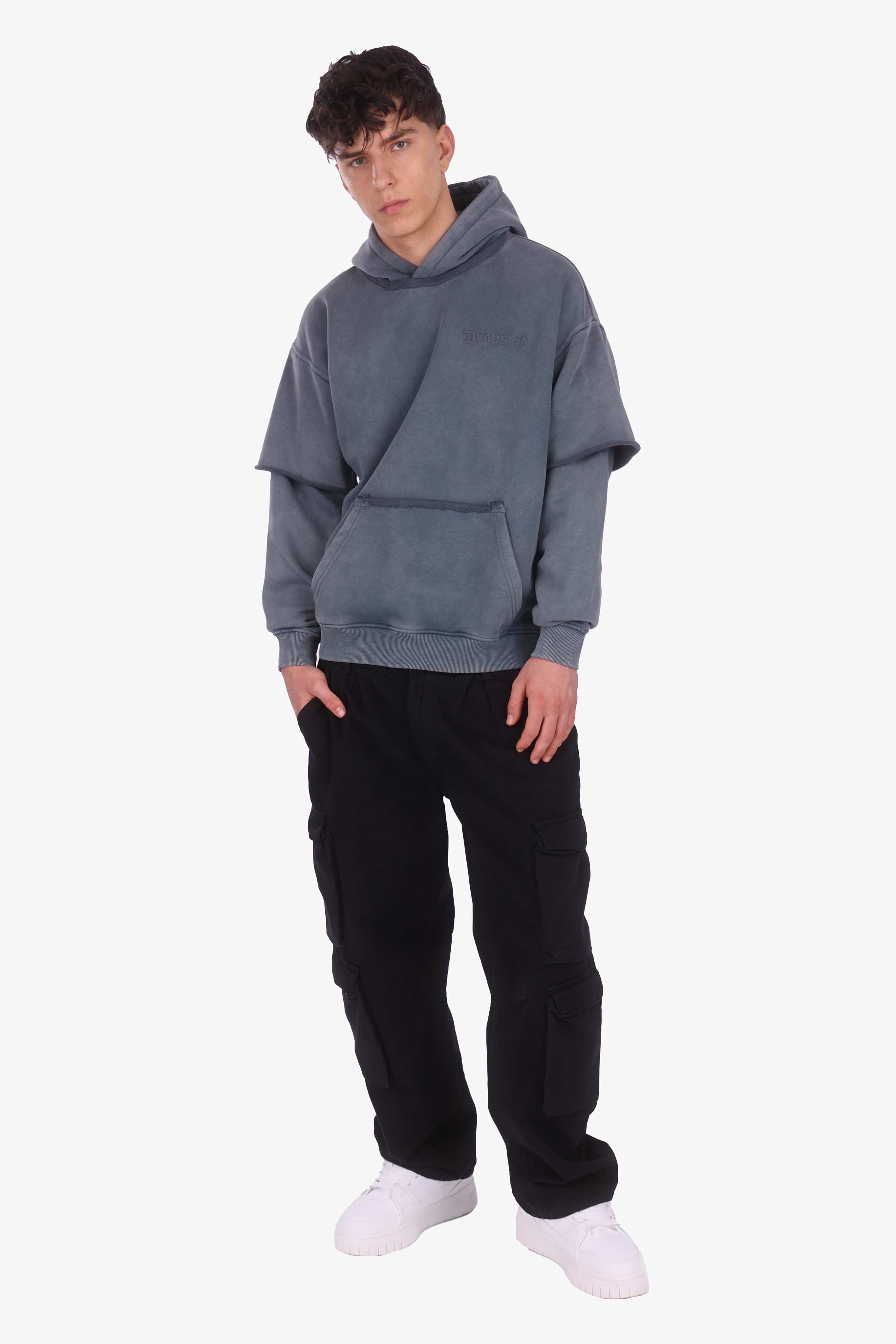 HEAVY OVERSIZE DOUBLE ARM HOODIE ACID WASHED GREY