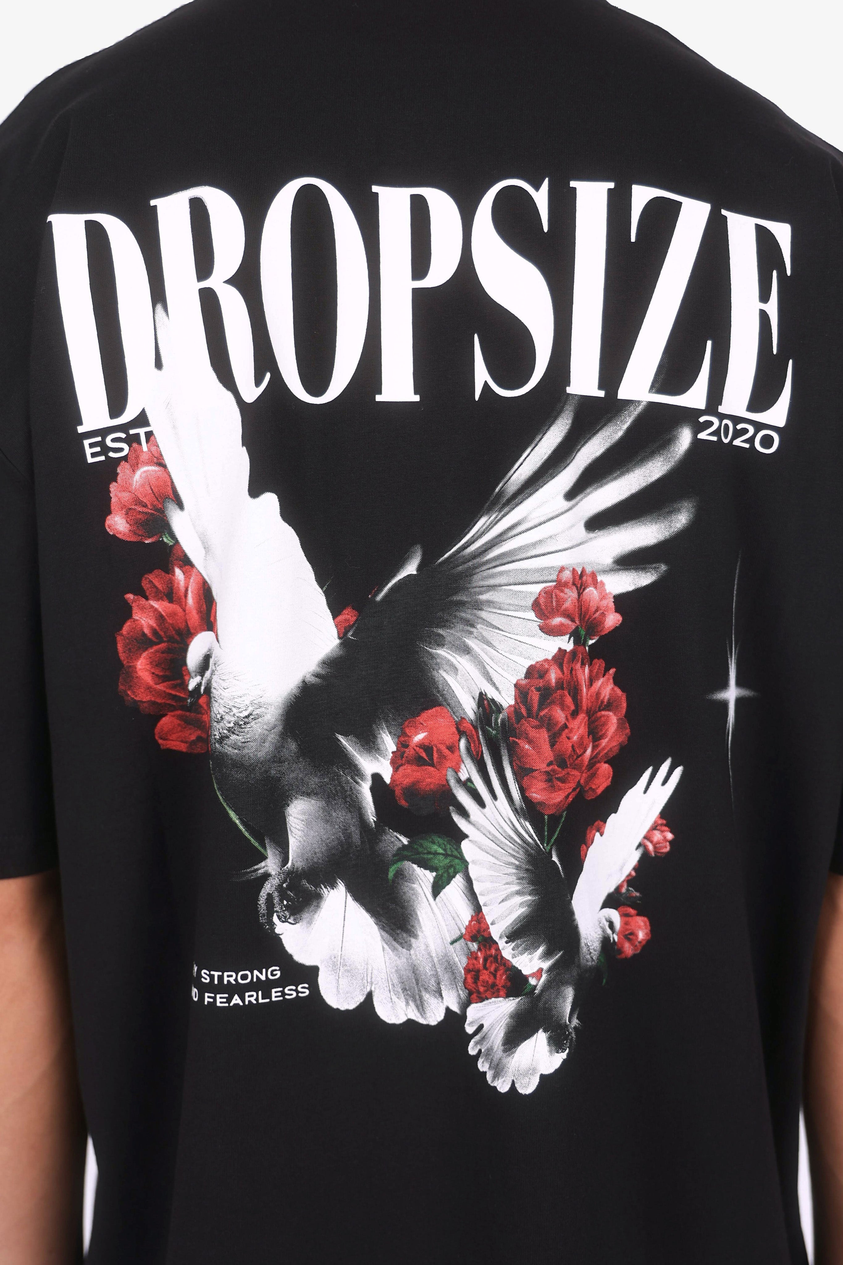 HEAVY OVERSIZED ROSES DOVE T-SHIRT BLACK