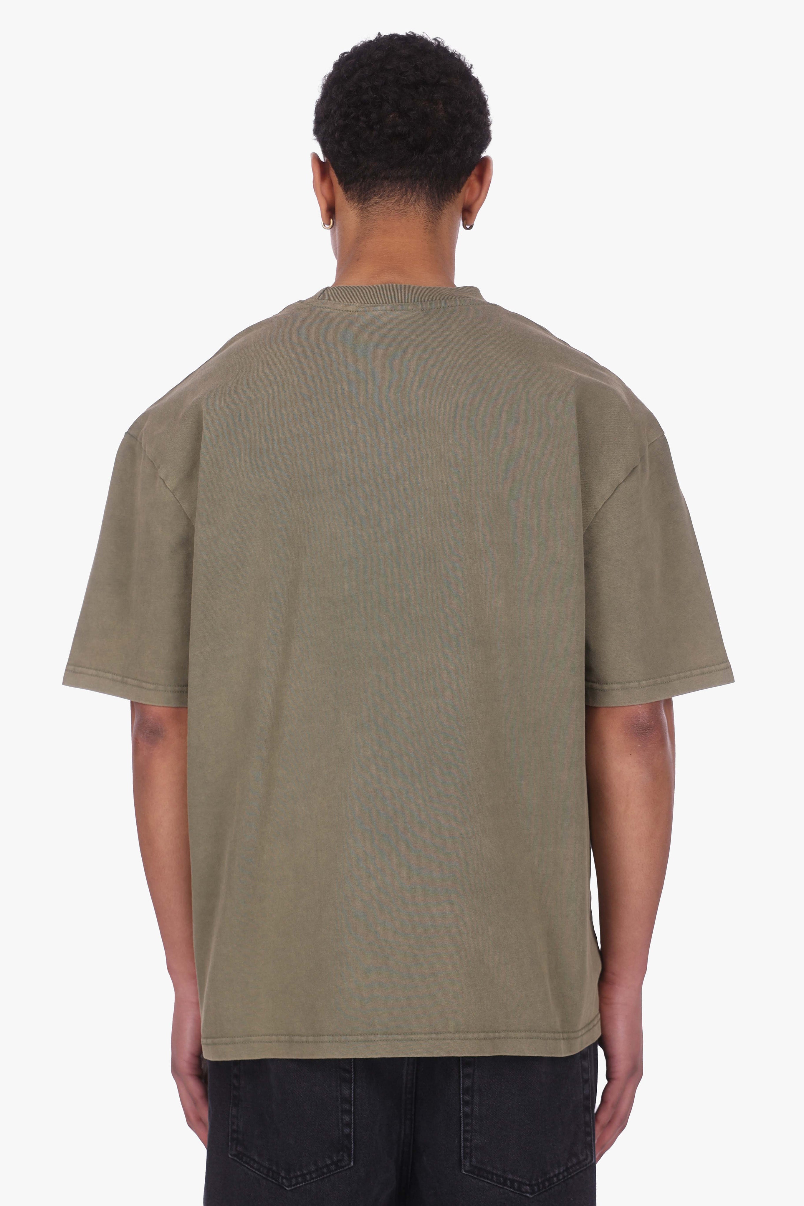HEAVY OVERSIZE METAL PATCH T-SHIRT ACID WASHED OLIVE